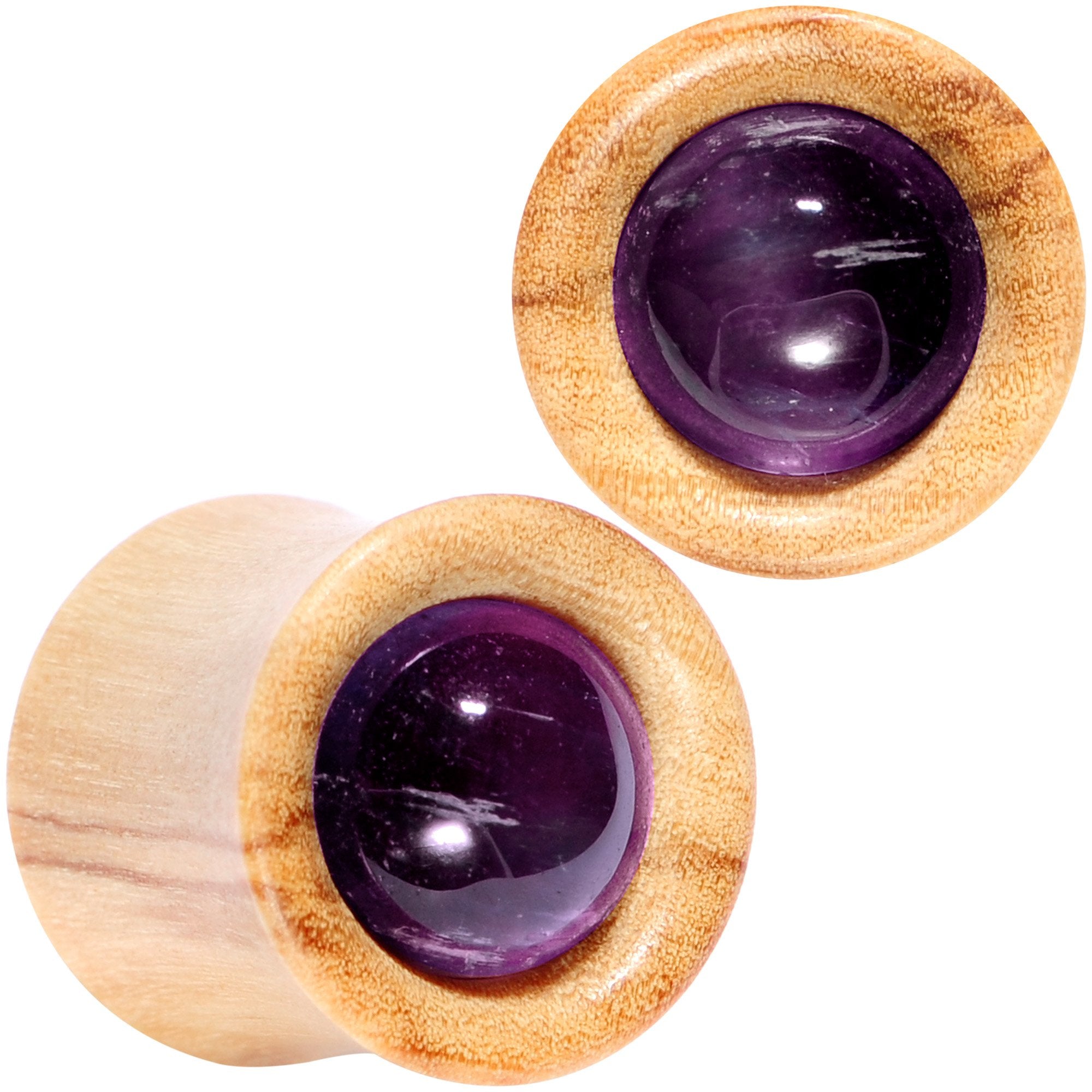 Purple CZ Gem Olive Wood Natural Beauty Saddle Plug Set 5mm to 25mm