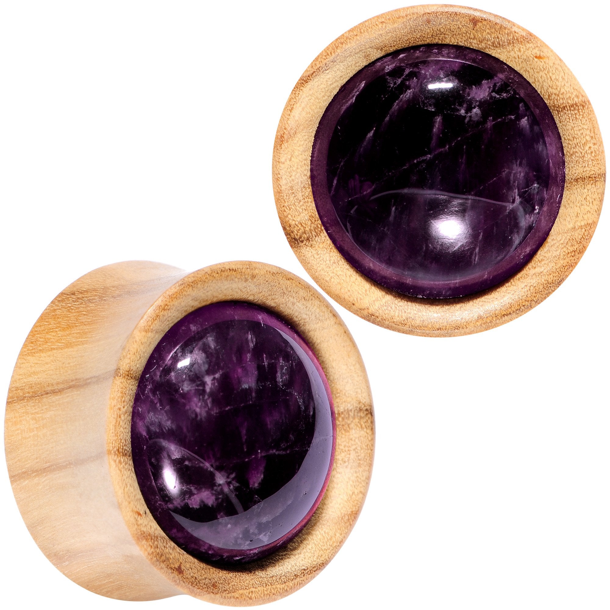 Purple CZ Gem Olive Wood Natural Beauty Saddle Plug Set 5mm to 25mm