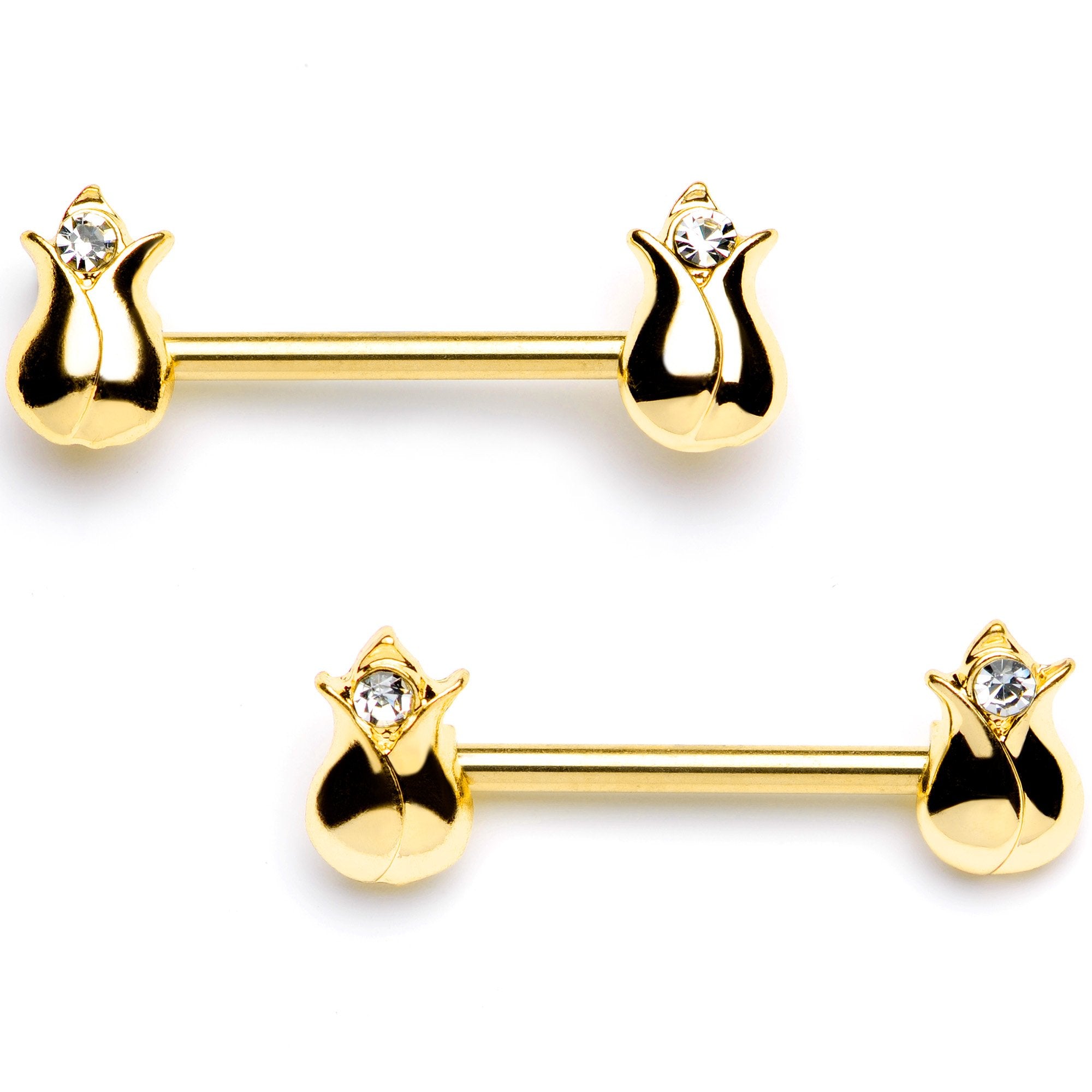 14G 9/16 Clear Gem Gold Tone Tulips Flower Barbell Nipple Ring Set