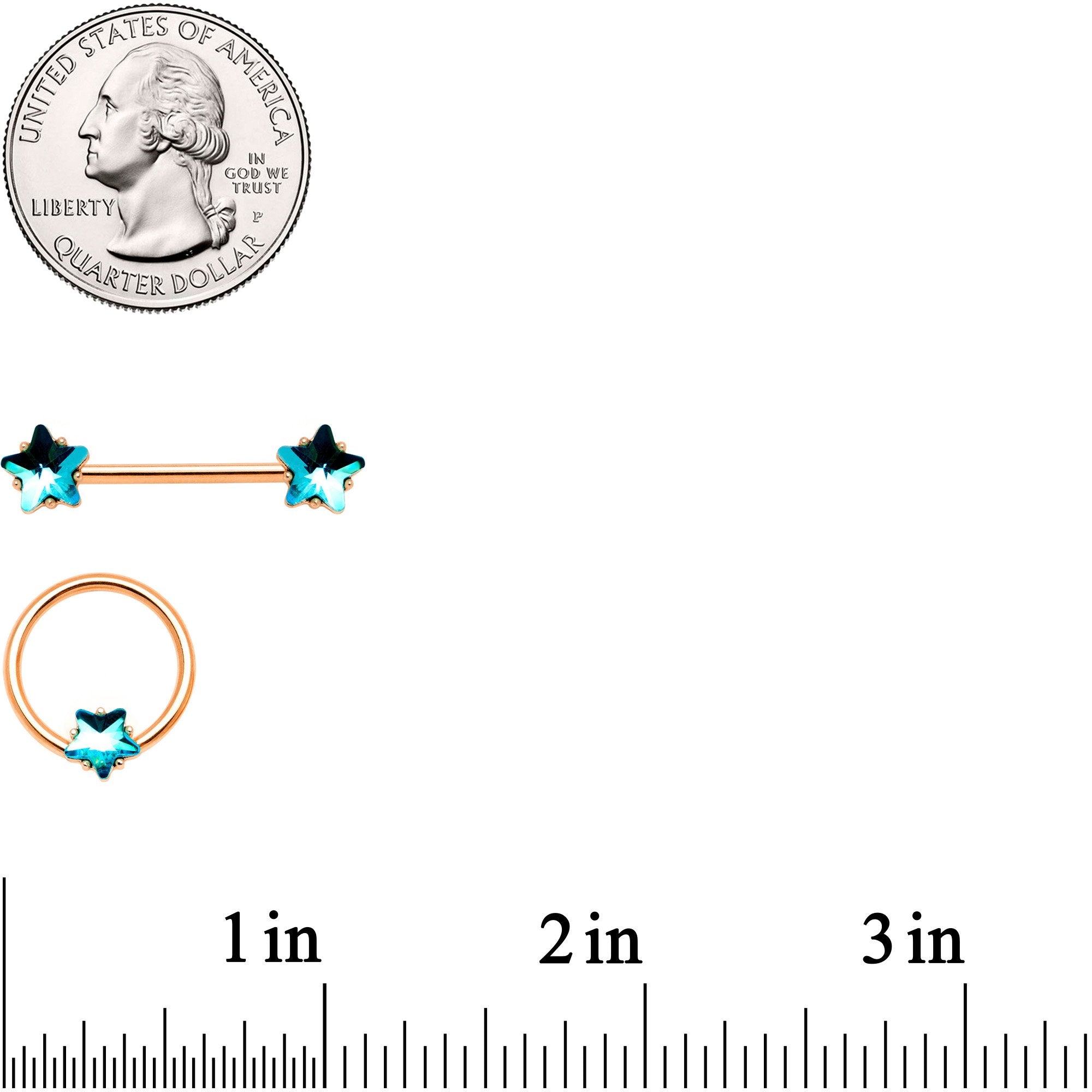 14G Blue Gem Star Rose Gold Tone BCR Barbell Nipple Ring Set