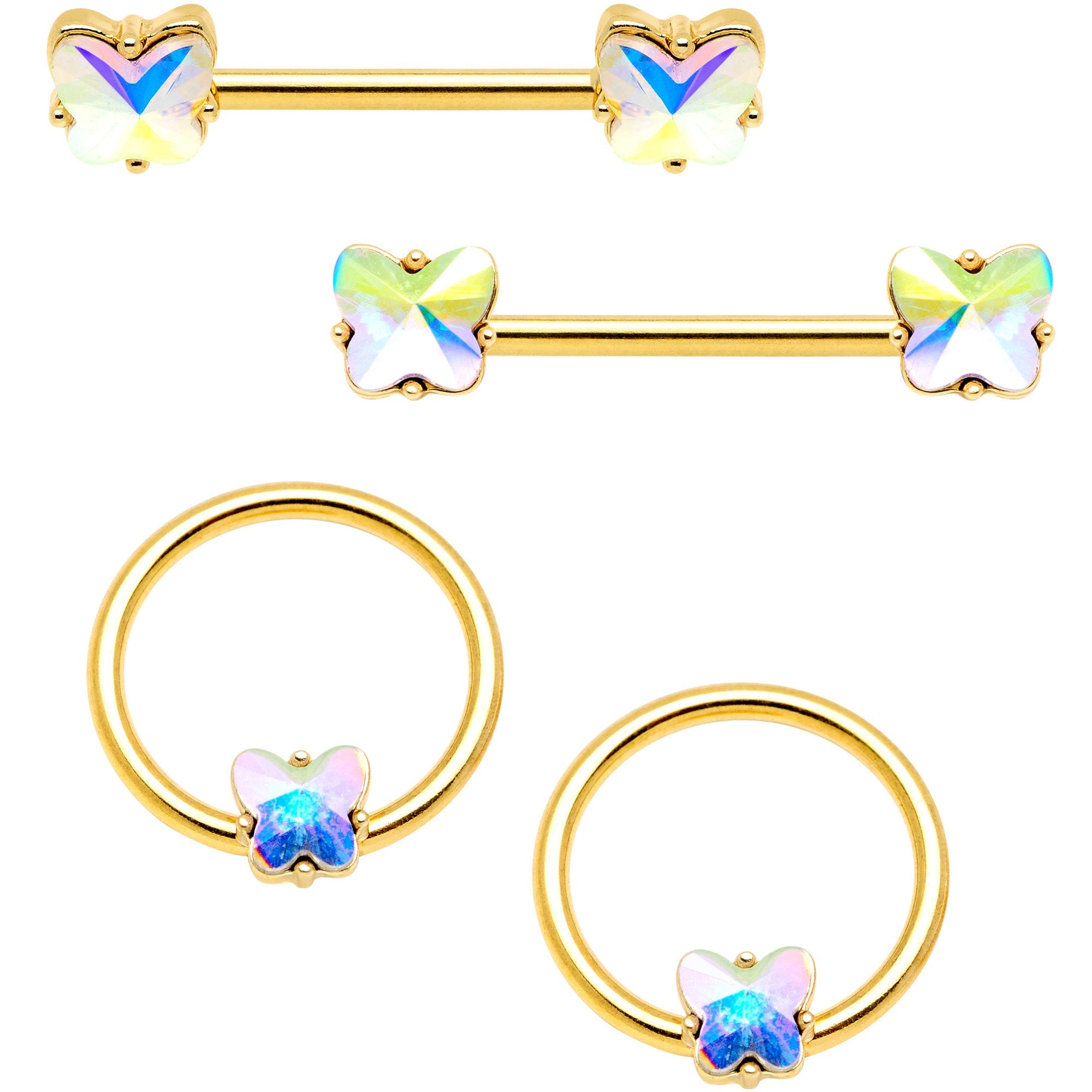 14G Aurora Gem Butterfly Gold Tone BCR Nipple Ring Set