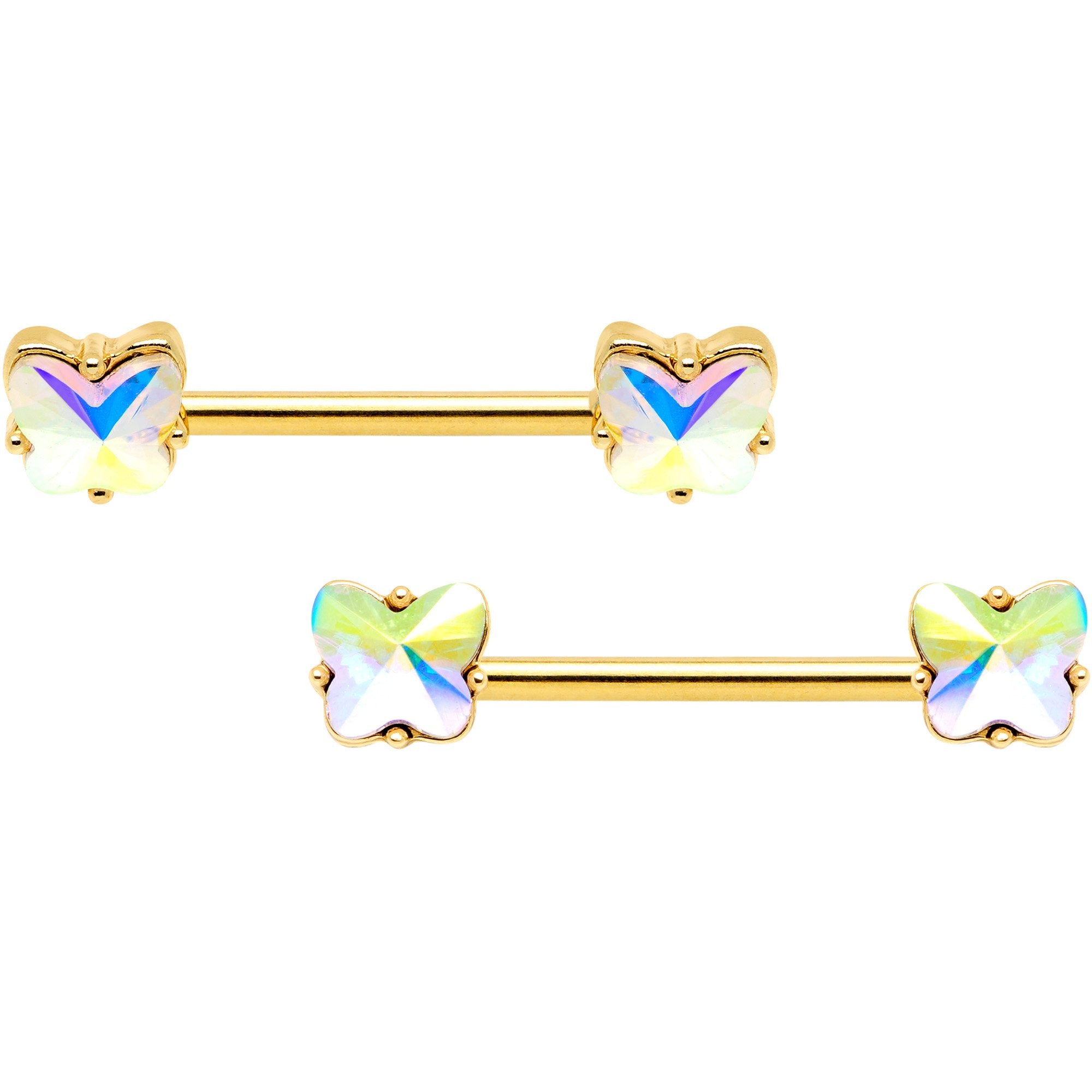 14G Aurora Gem Butterfly Gold Tone BCR Nipple Ring Set