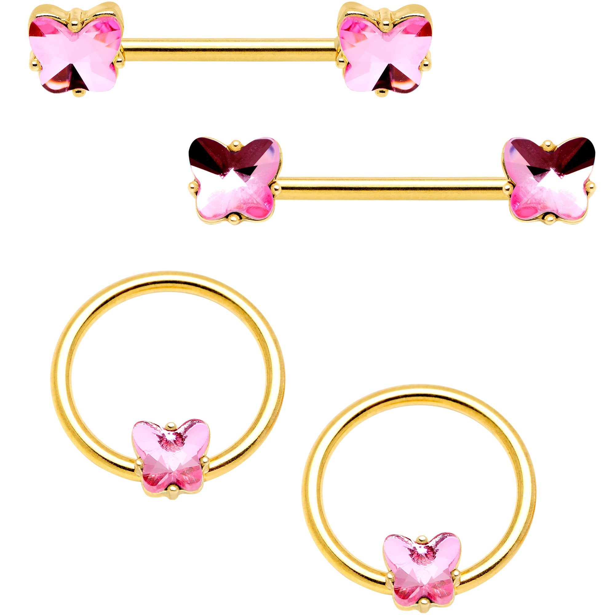 14G Pink Gem Butterfly Gold Tone BCR Barbell Nipple Ring Set