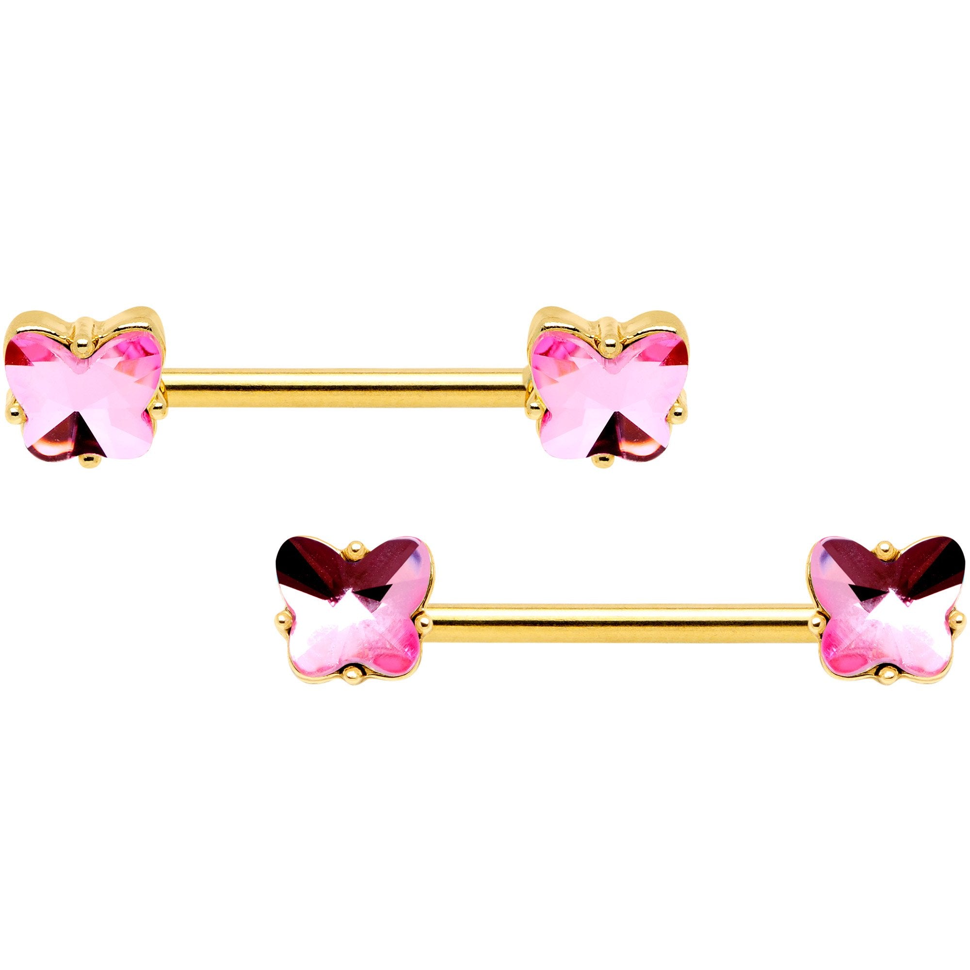 14G Pink Gem Butterfly Gold Tone BCR Barbell Nipple Ring Set