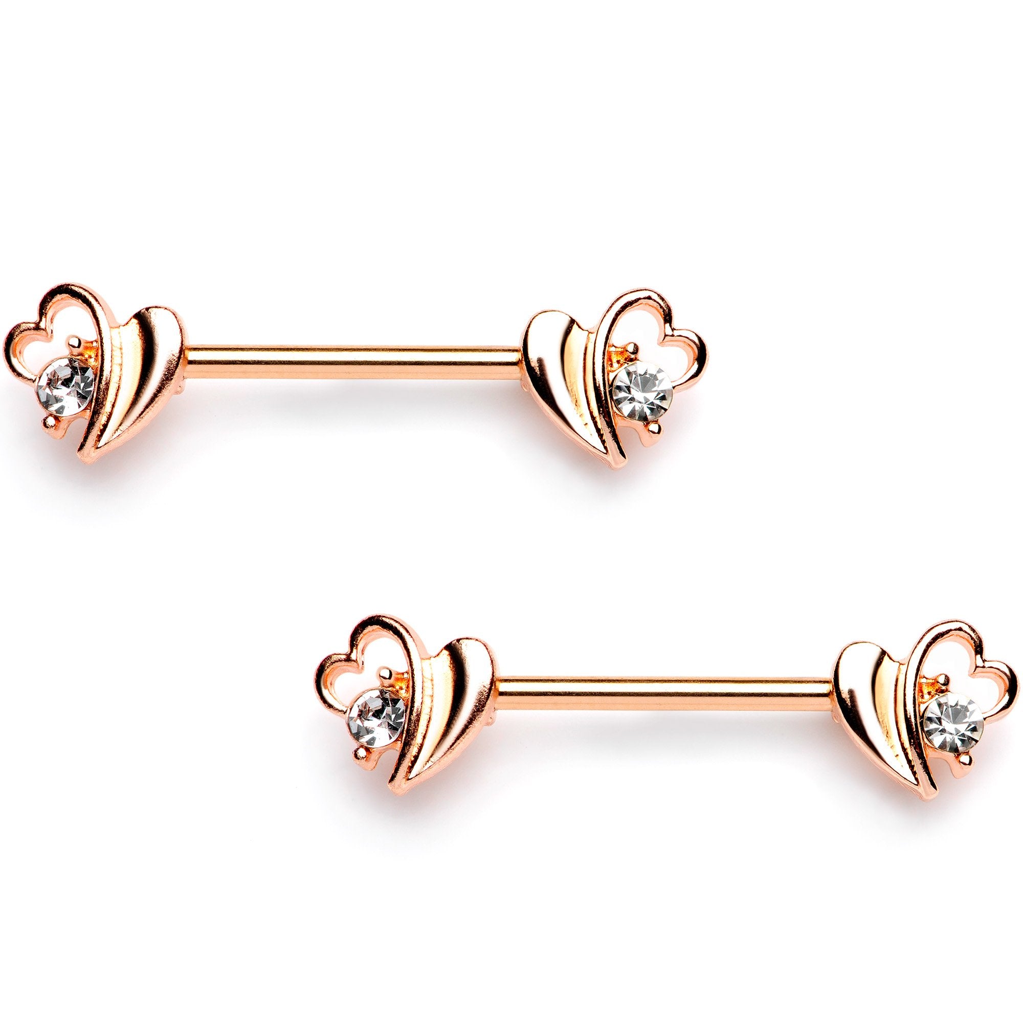 9/16 Clear Gem Rose Gold Tone Love Wave Barbell Nipple Ring Set