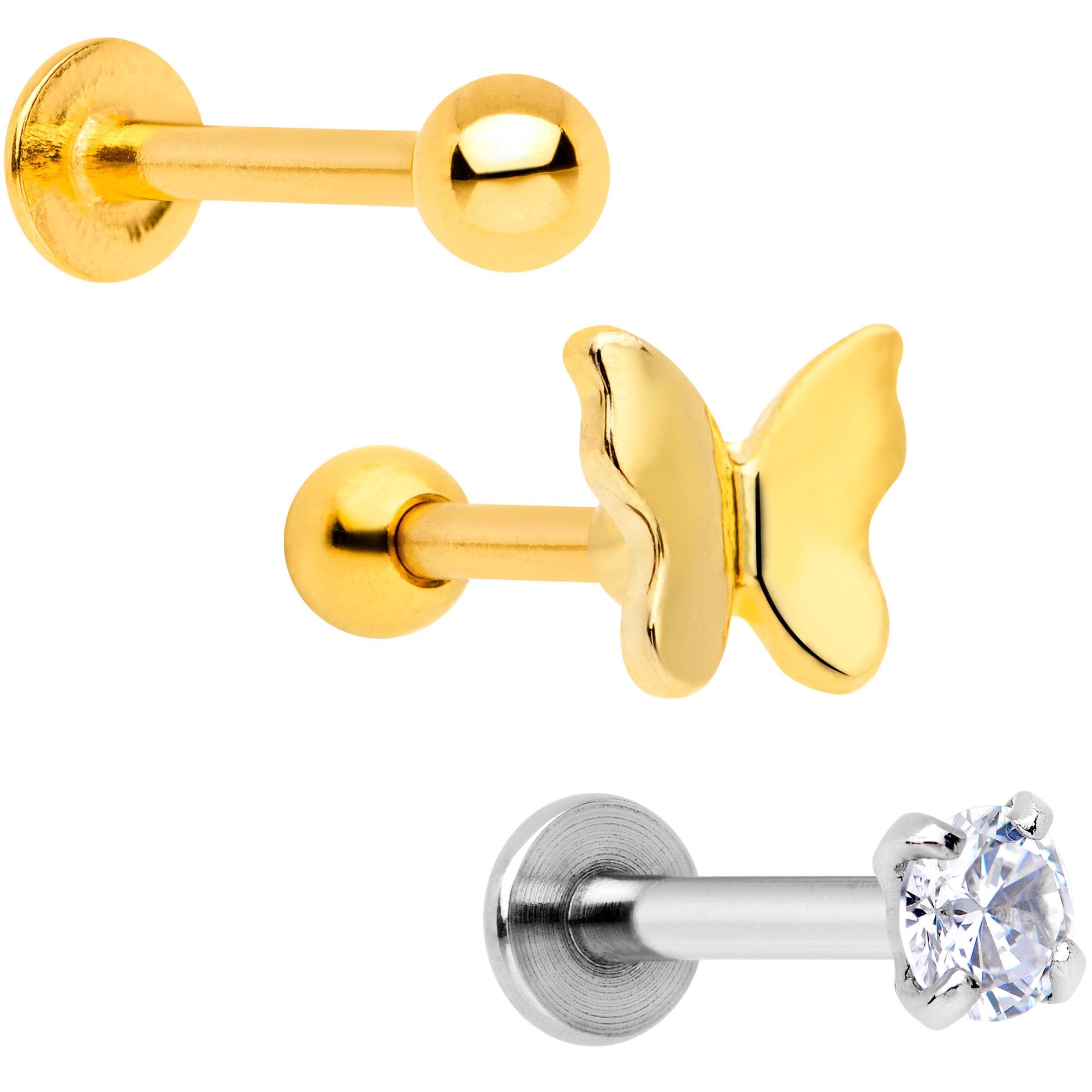 16G 5/16 Clear Gem Gold Tone Variety Butterfly Cartilage Tragus Set of 3