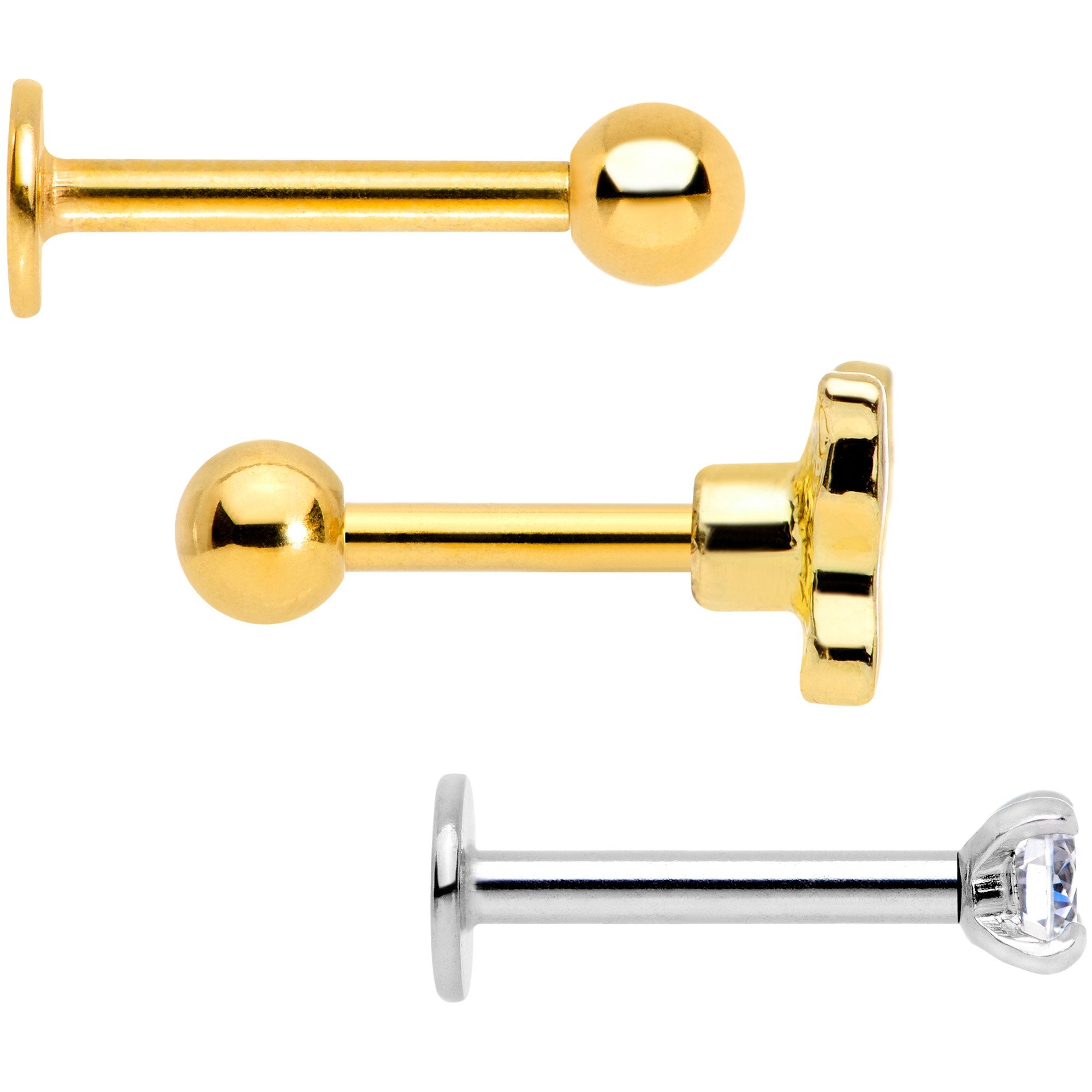 16G 5/16 Clear Gem Gold Tone Variety Butterfly Cartilage Tragus Set of 3