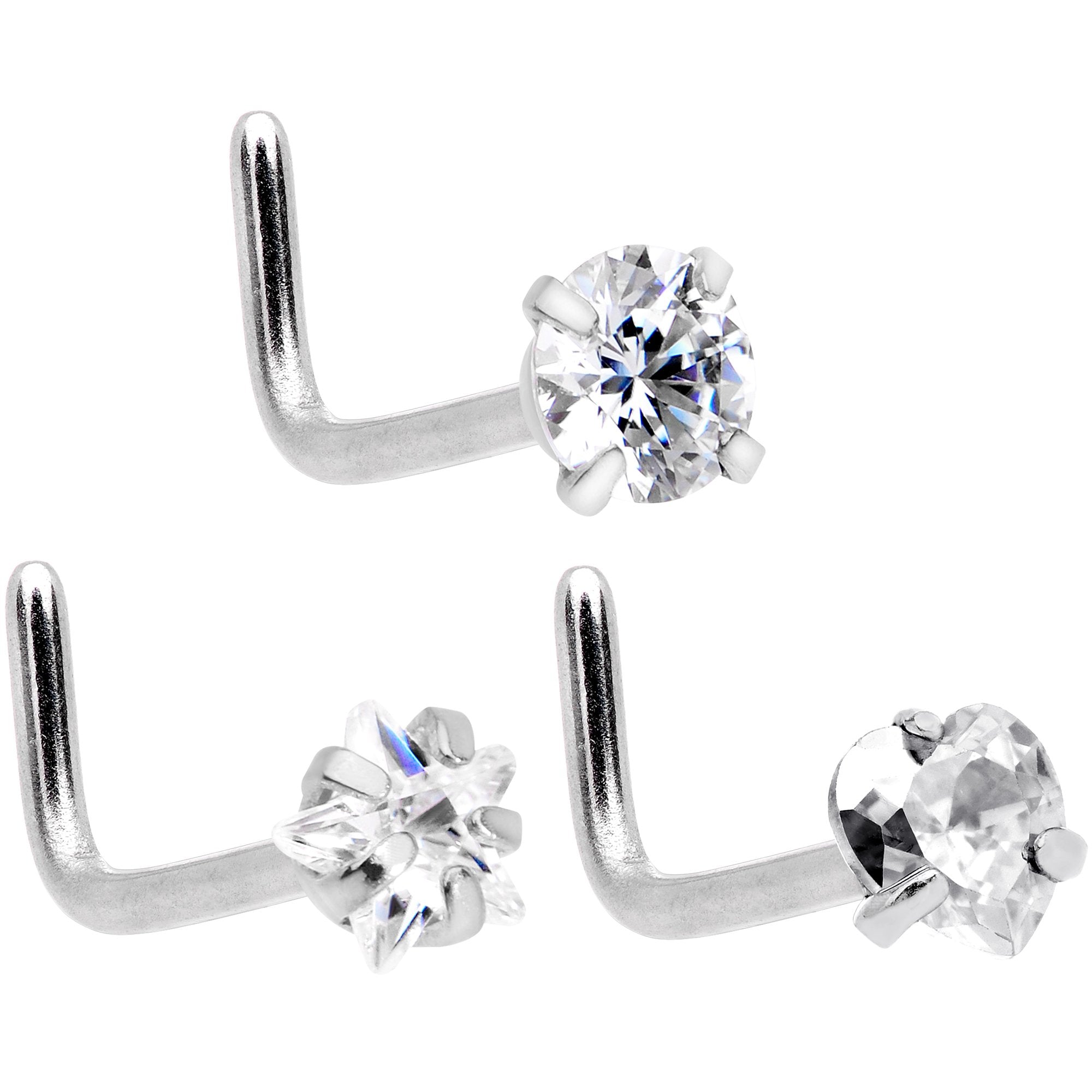 20G 5/16 Clear Pink Gem Variety L Shaped Nose Ring 6 Pack Set