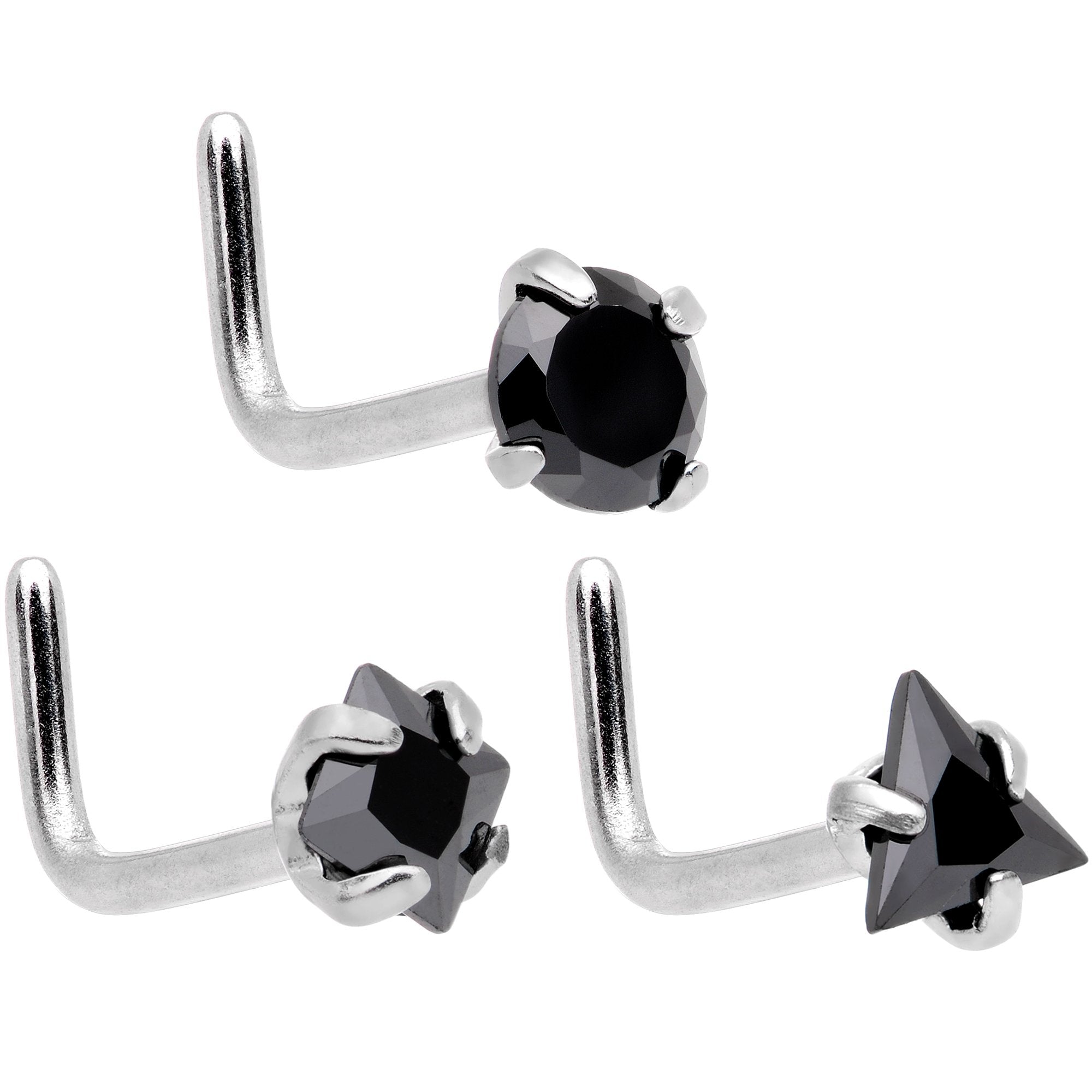 20G 5/16 Aurora Black Gem Variety L Shaped Nose Ring 6 Pack Set