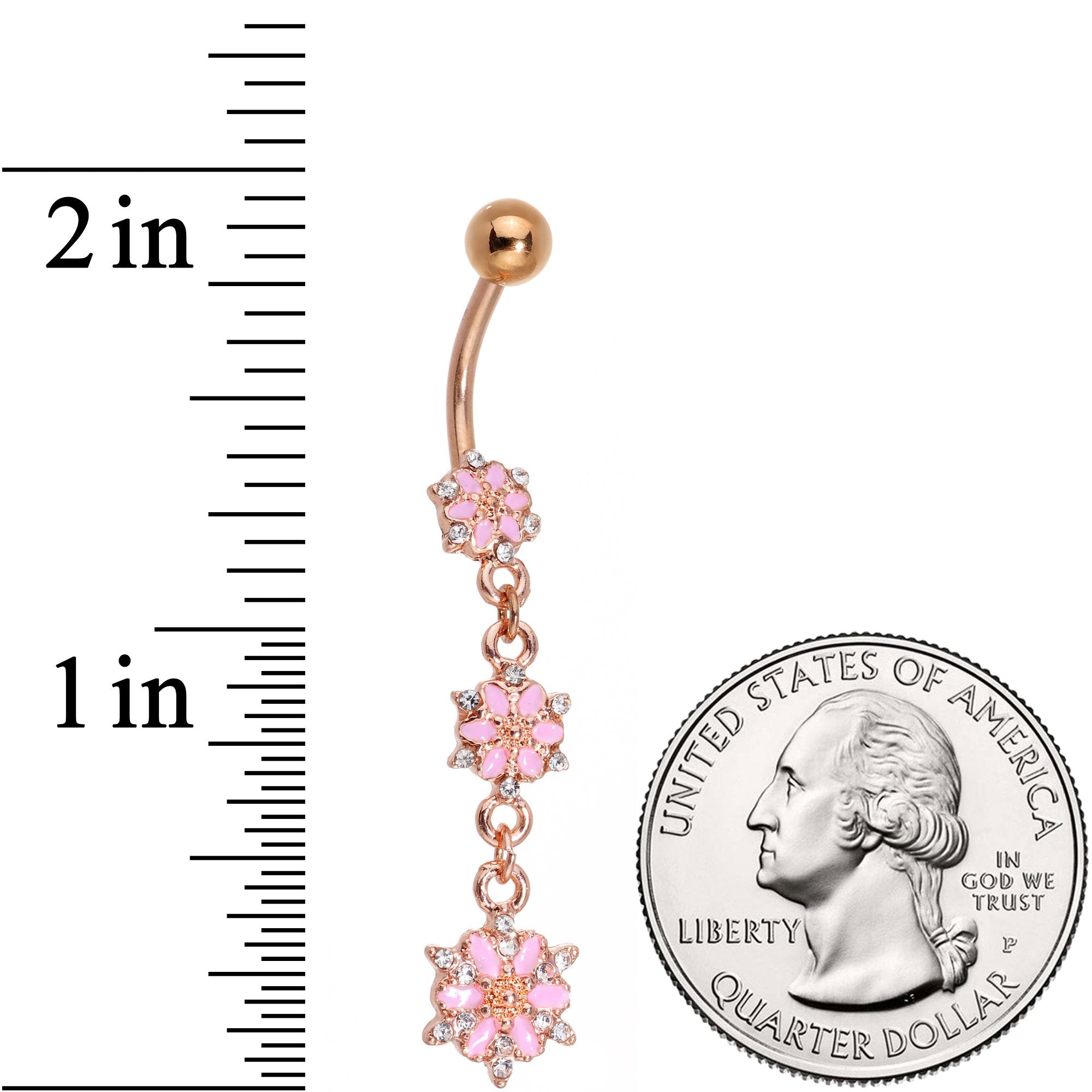 Clear Gem Rose Gold Tone Glitter Inlay Pink Garden Dangle Belly Ring
