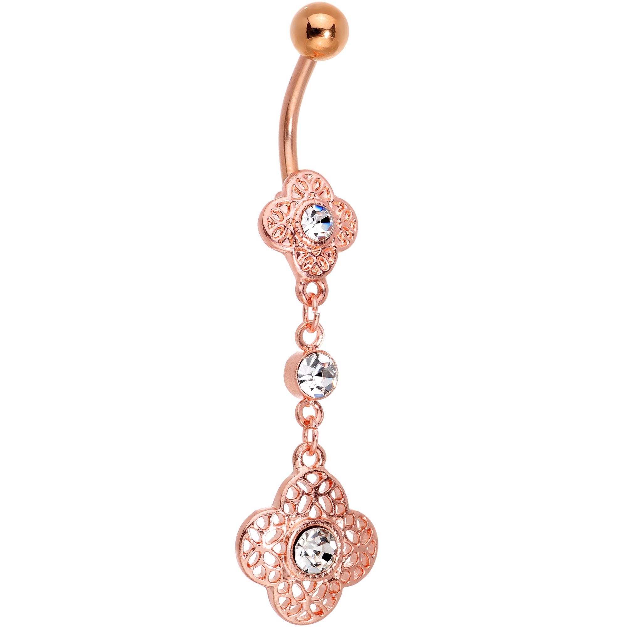 Clear Gem Rose Gold Tone Web of Delight Dangle Belly Ring