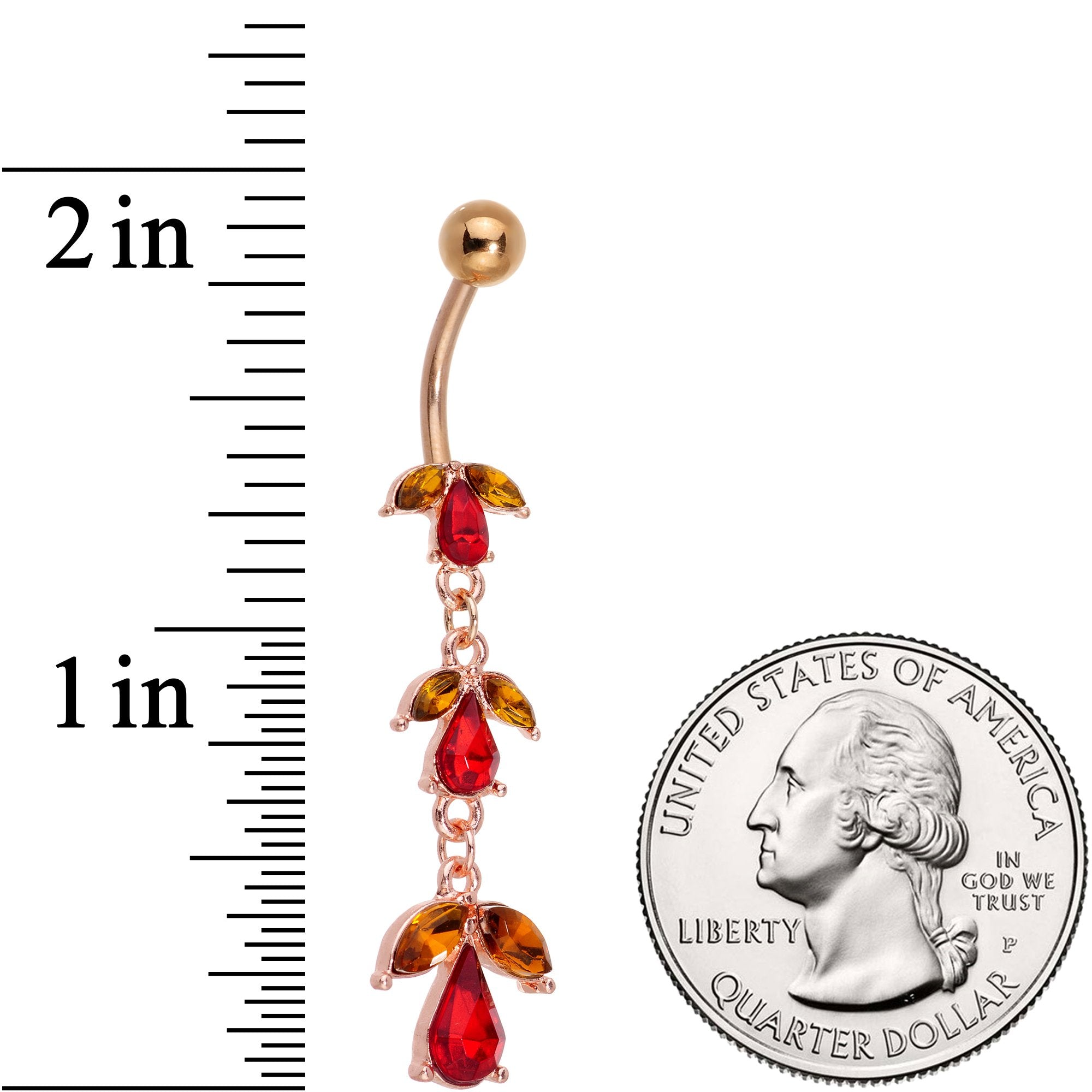Red CZ Gem Rose Gold Tone Triple Teardrop Dangle Belly Ring