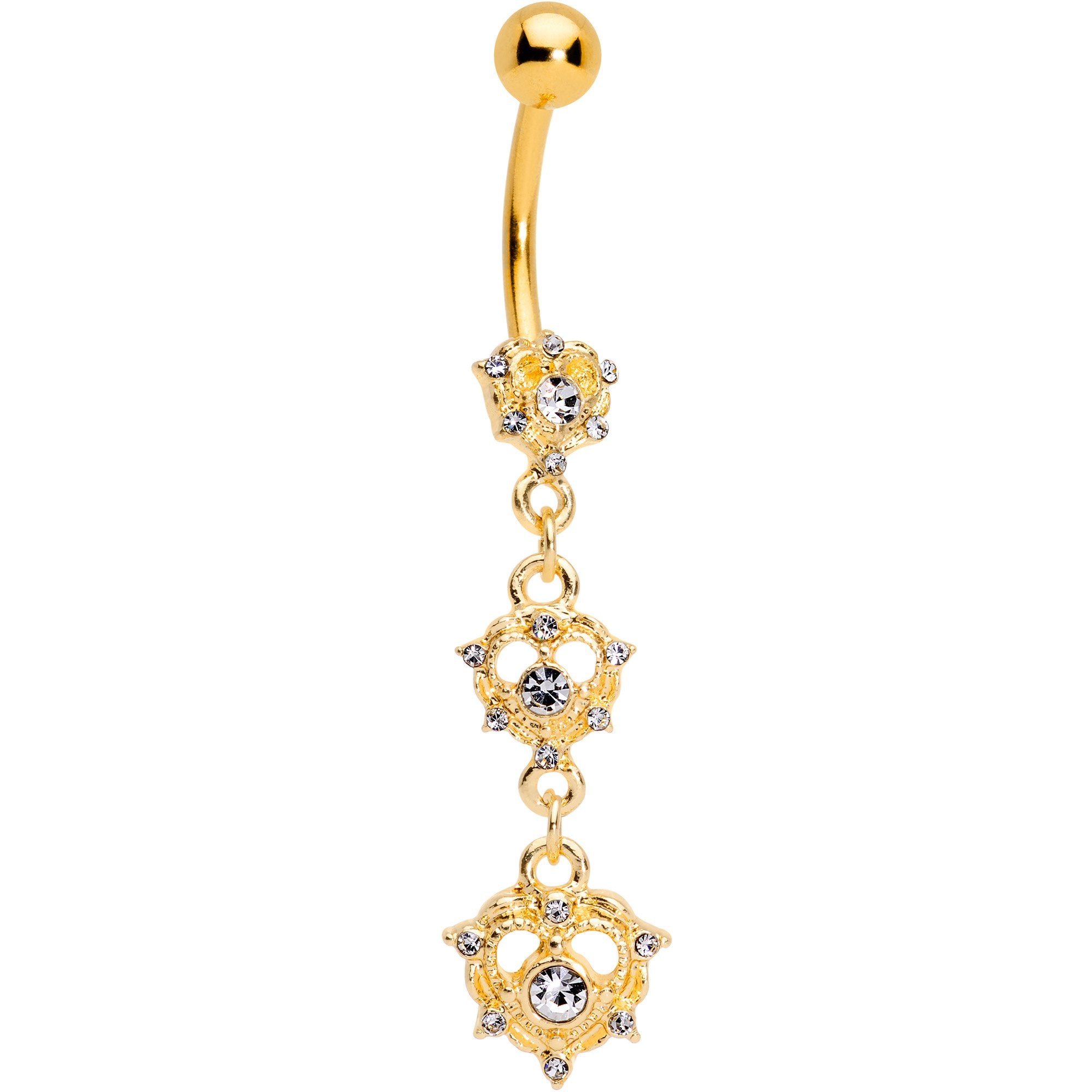 Clear CZ Gem Gold Tone Anodized Triple Heart Dangle Belly Ring