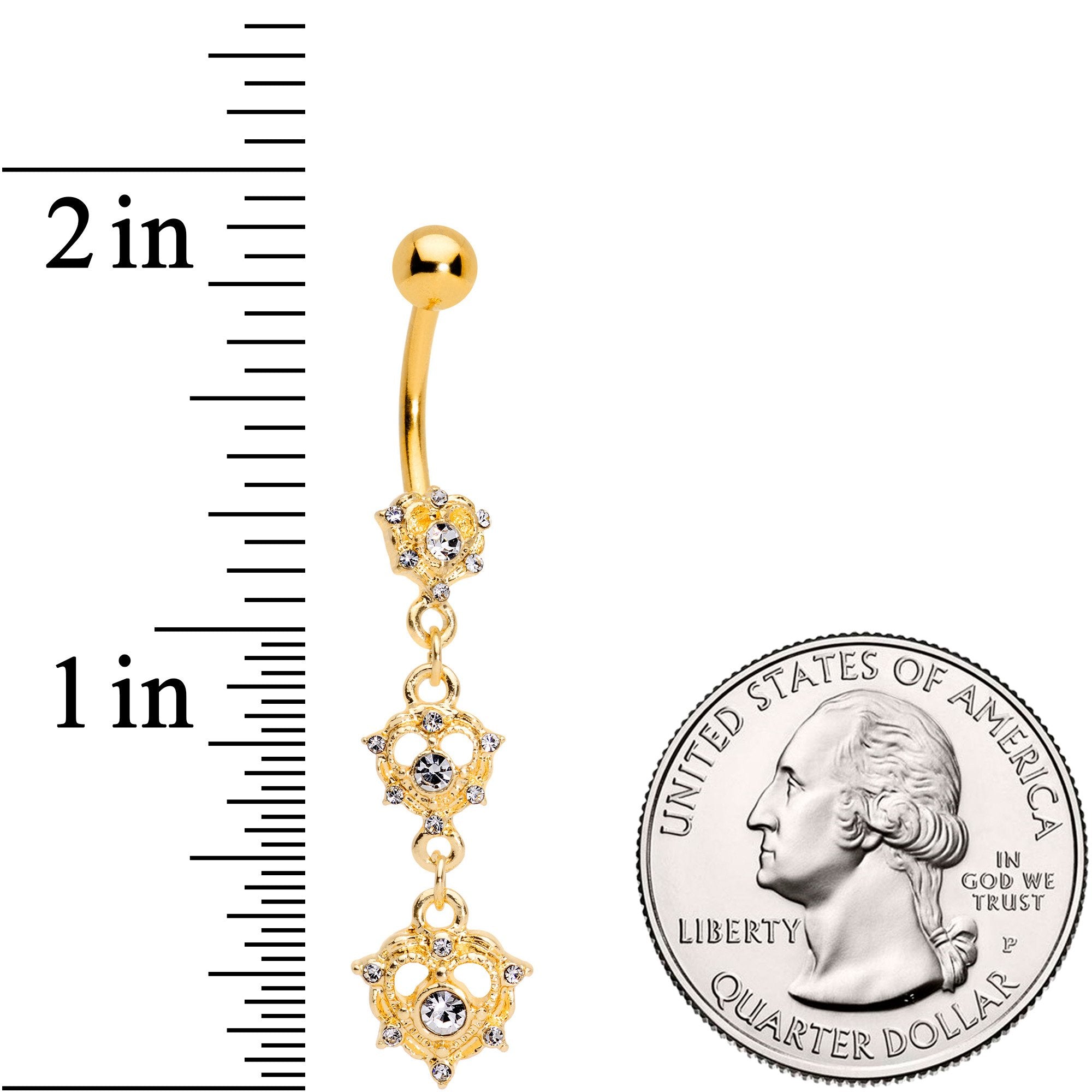 Clear CZ Gem Gold Tone Anodized Triple Heart Dangle Belly Ring