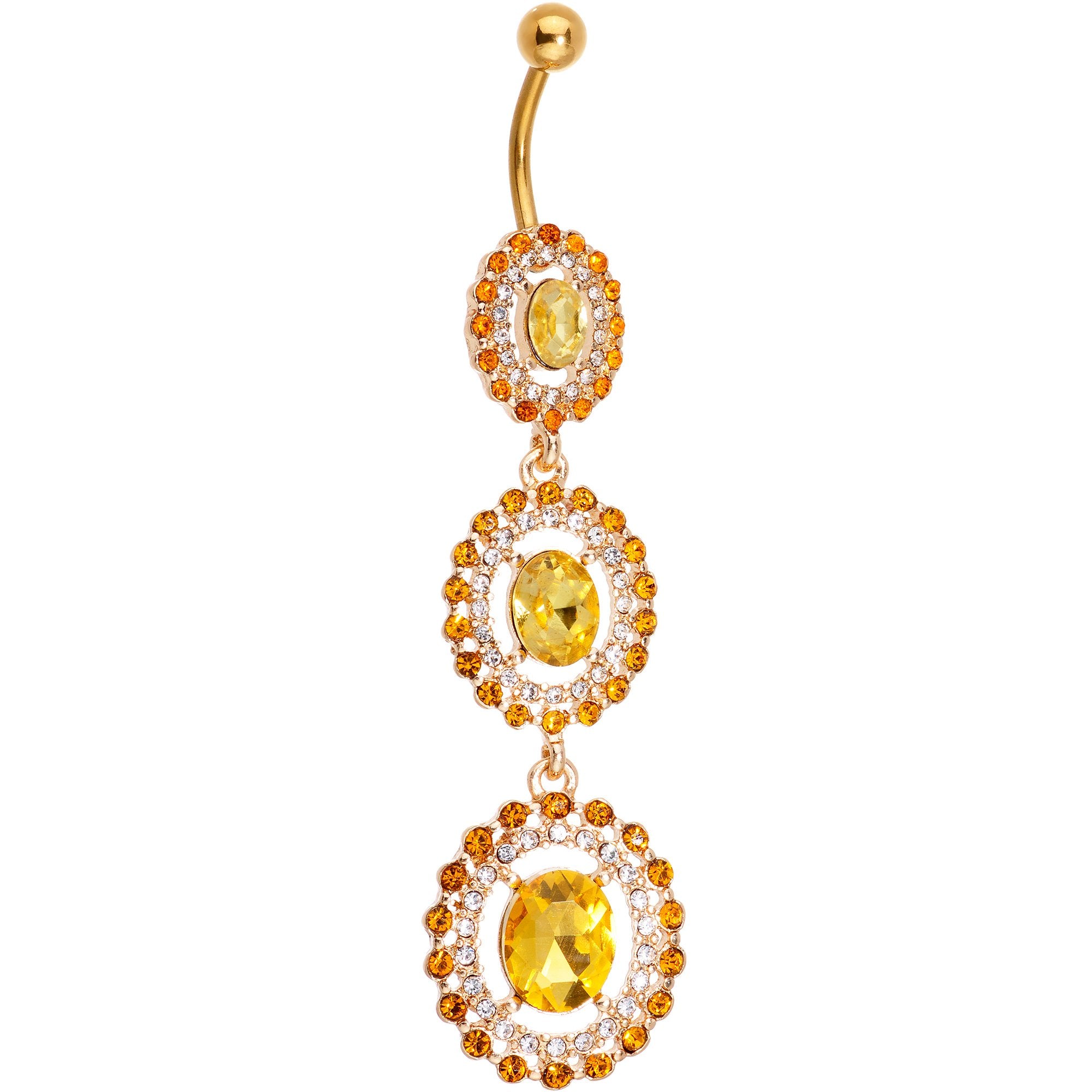 Yellow CZ Gem Gold Tone Triple Sunburst Dangle Belly Ring