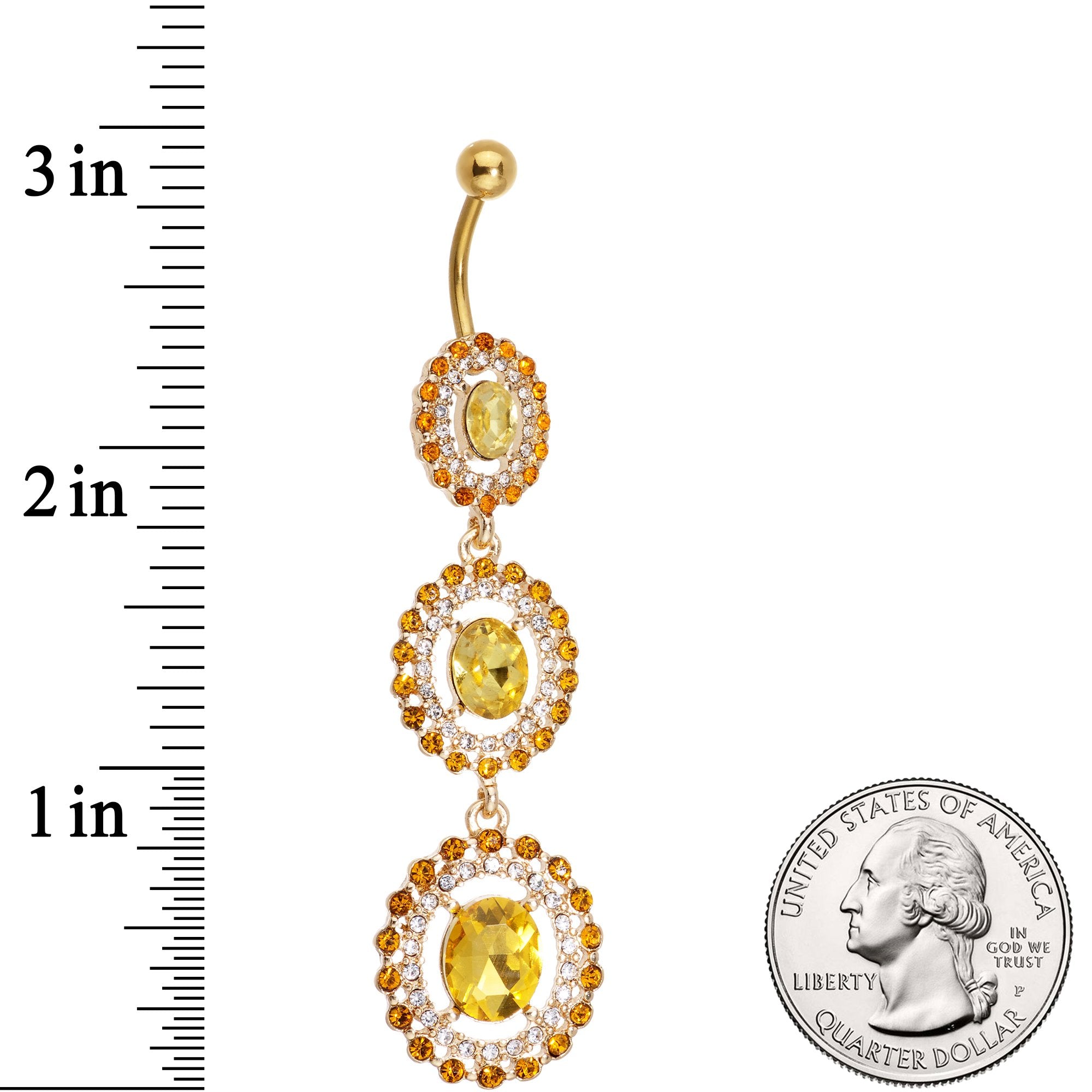 Yellow CZ Gem Gold Tone Triple Sunburst Dangle Belly Ring