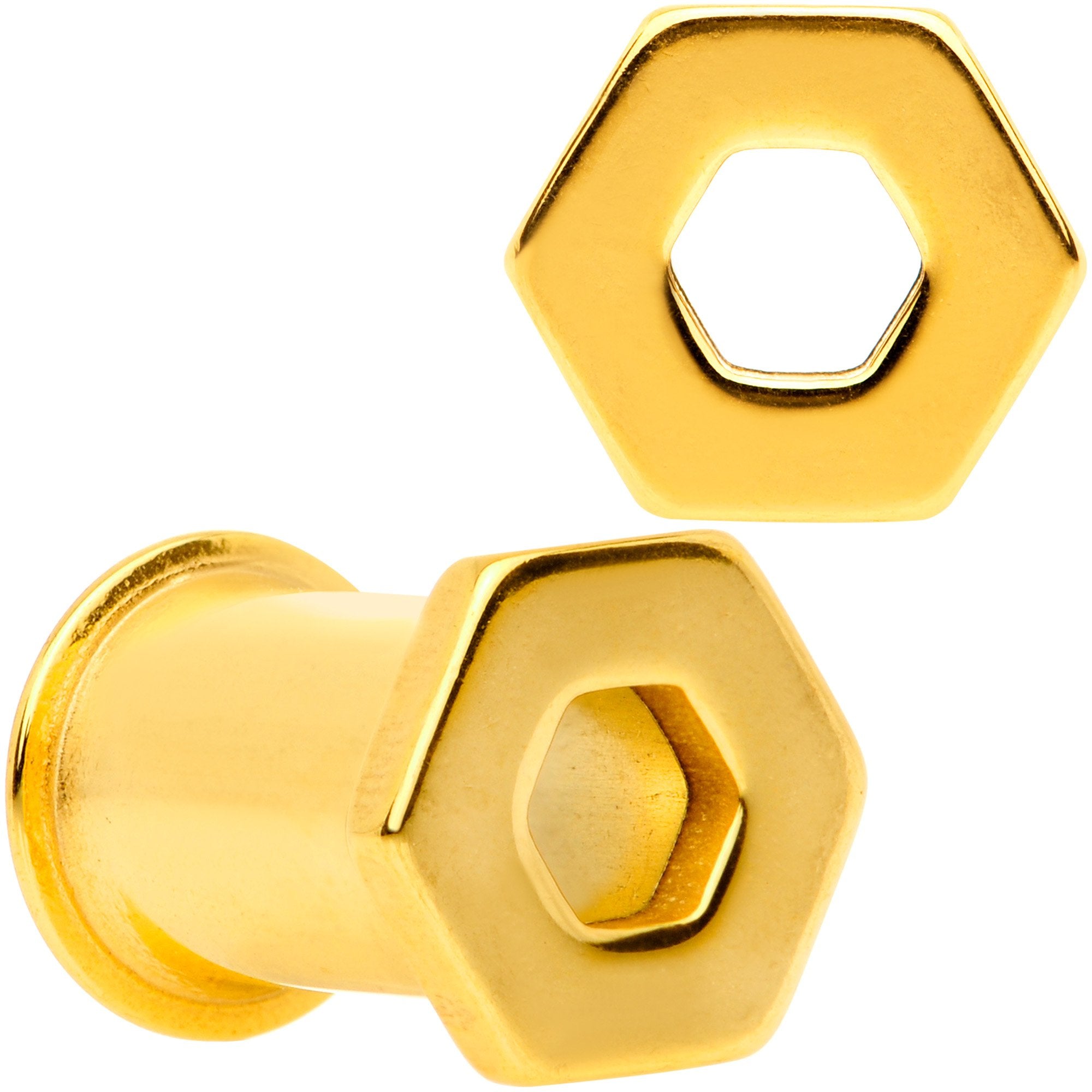 Gold Tone Geometric Hexagon Double Flare Tunnel Plug Set 3mm to 25mm
