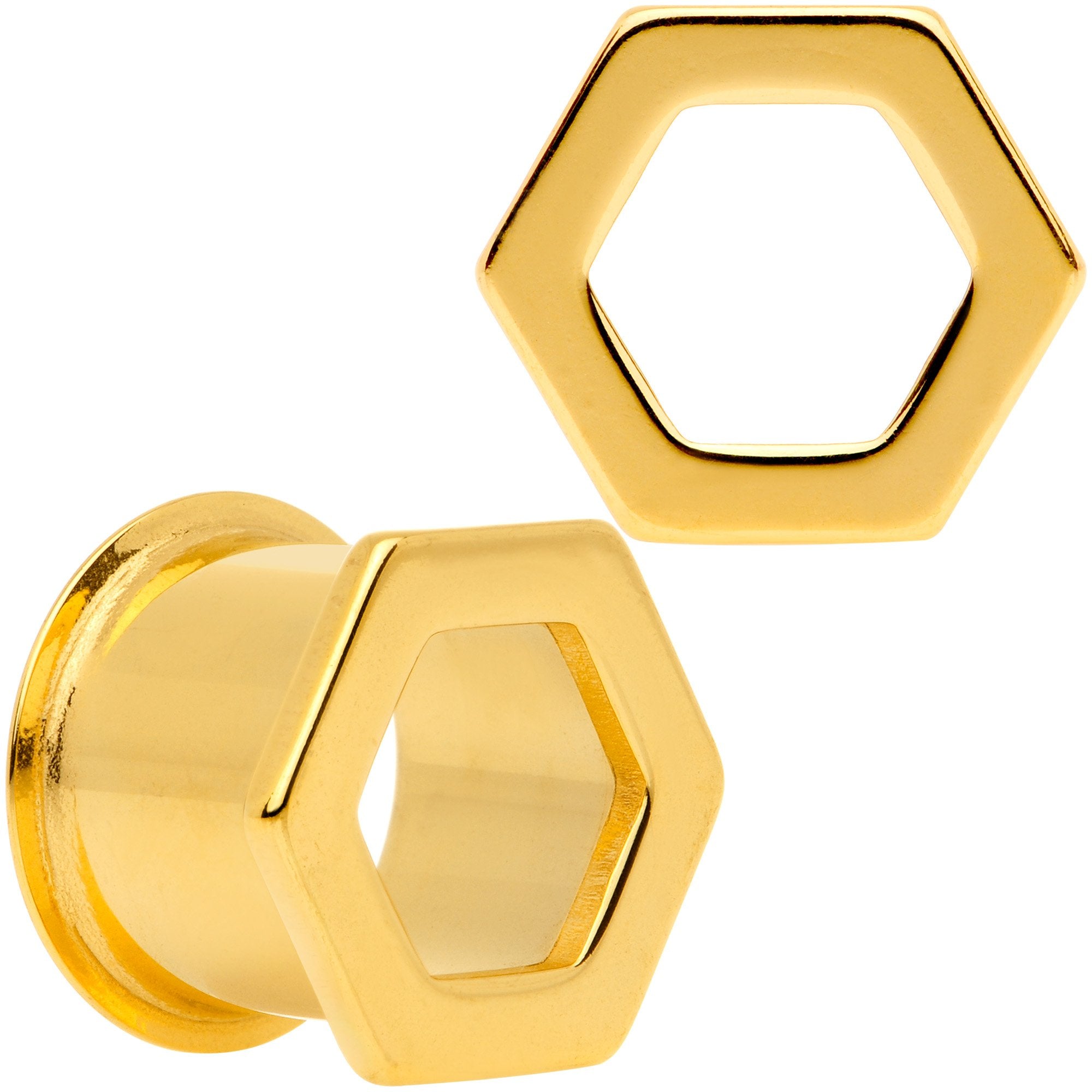 Gold Tone Geometric Hexagon Double Flare Tunnel Plug Set 3mm to 25mm