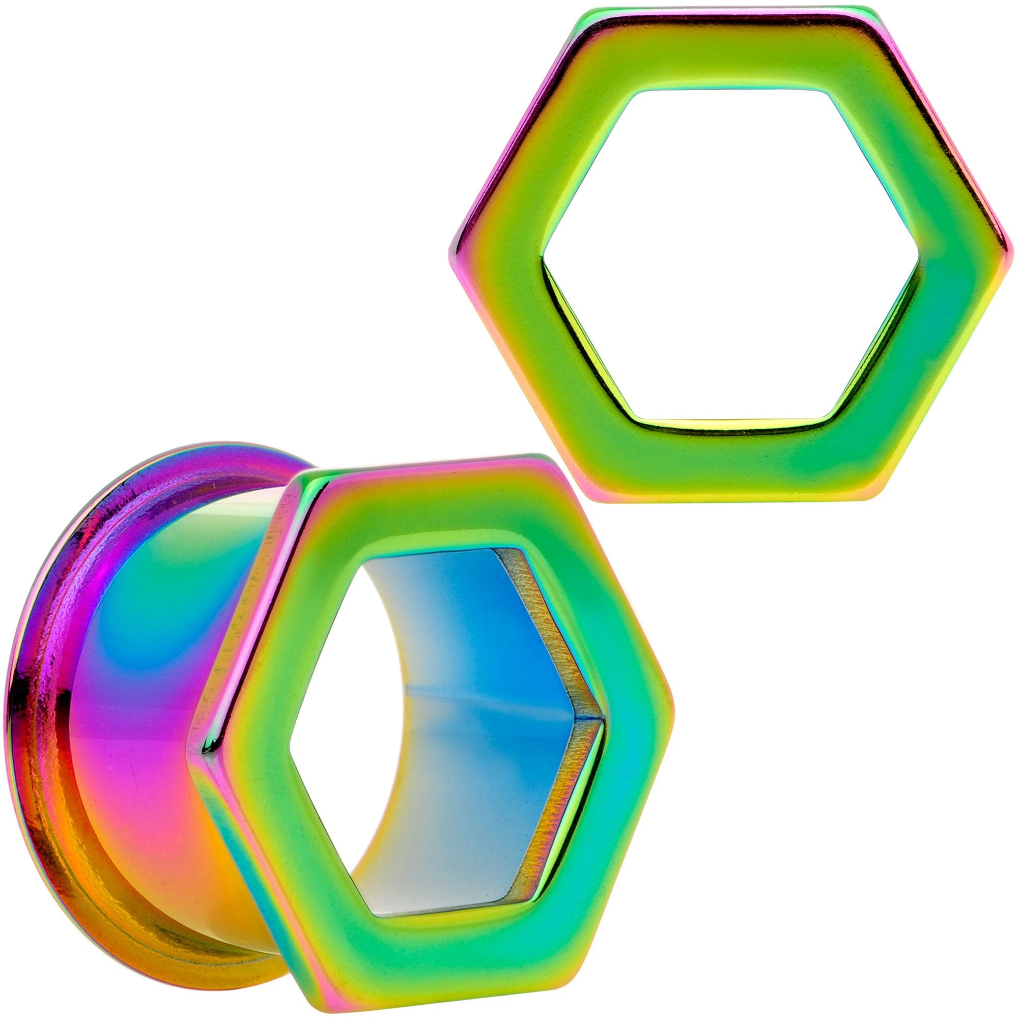 Rainbow Geometric Hexagon Double Flare Tunnel Plug Set 3mm to 25mm