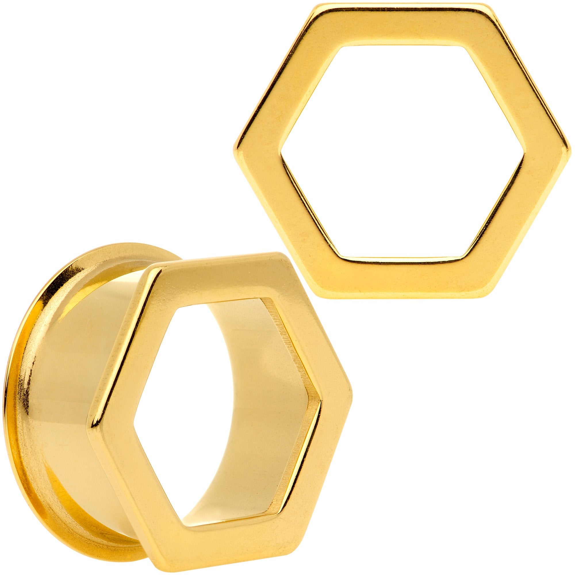 Gold Tone Geometric Hexagon Double Flare Tunnel Plug Set 3mm to 25mm