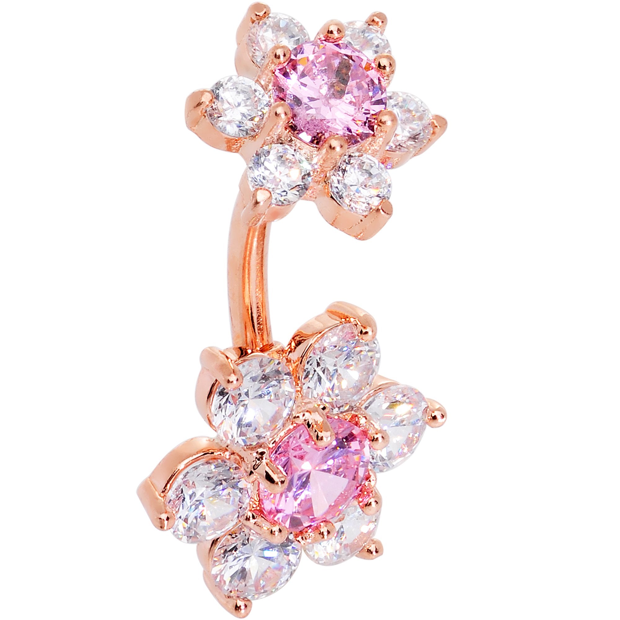 Pink Clear CZ Gem Rose Gold Tone Double Flower Delight Double Mount Belly Ring