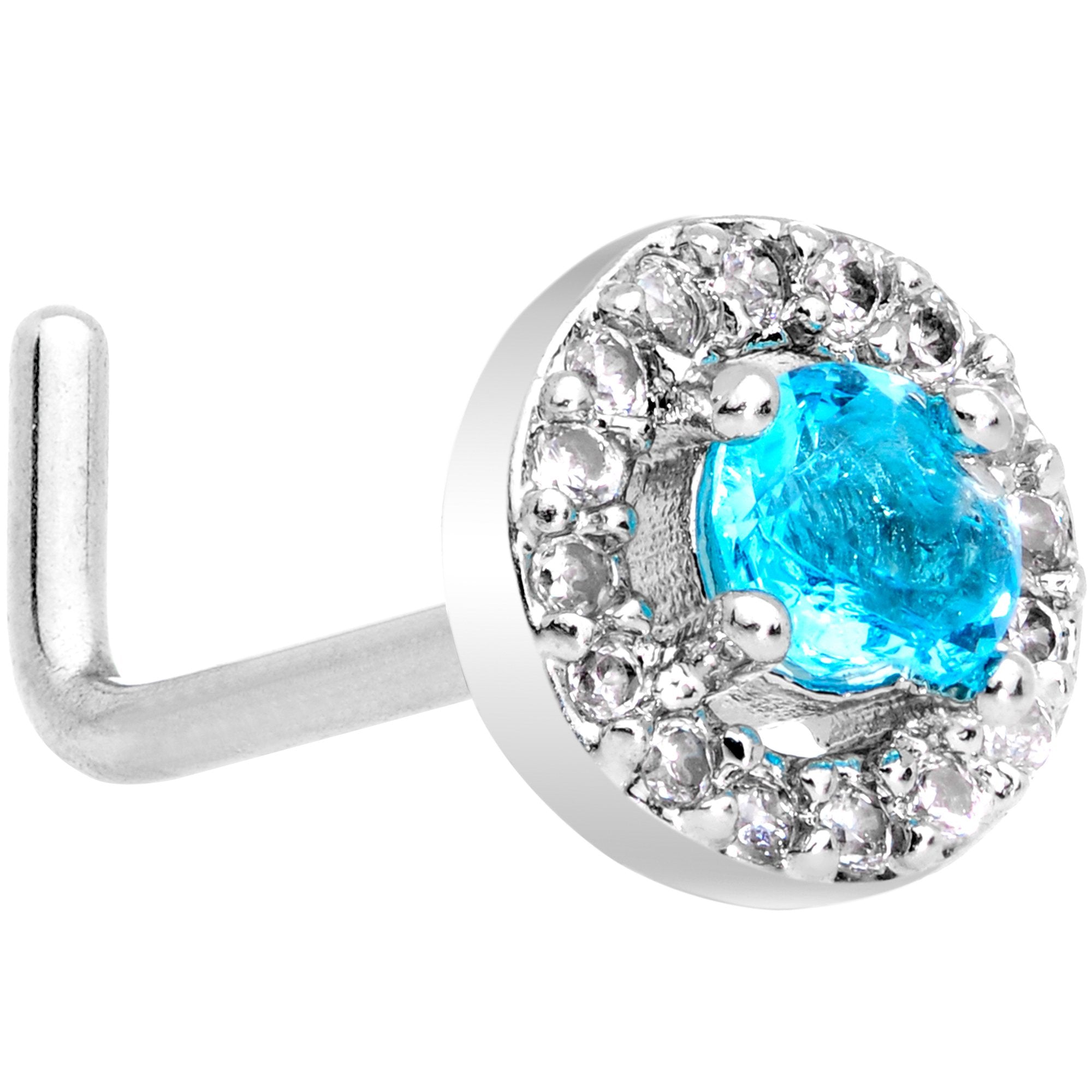 20G 1/4 Clear Blue CZ Gem Round Double Tier L Shaped Nose Ring