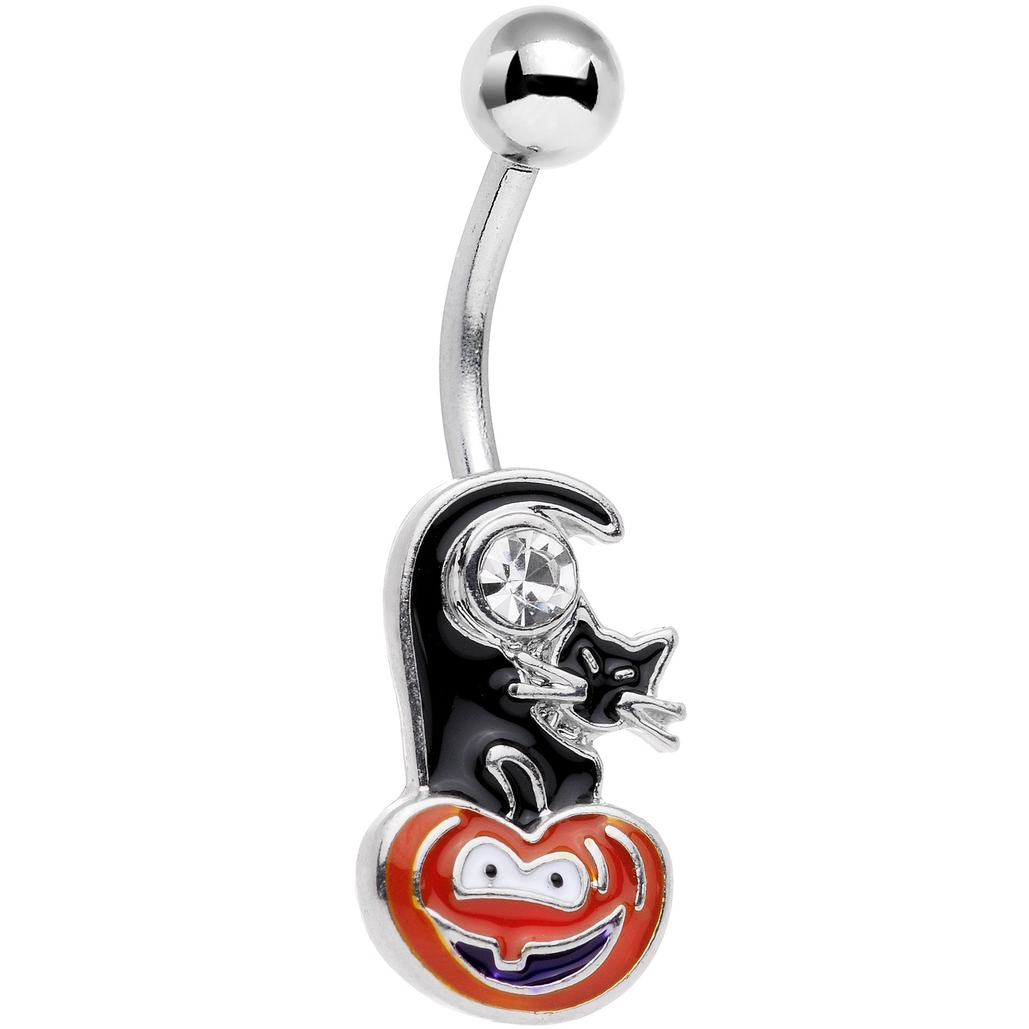 Clear Gem Halloween Black Cat Jack O Lantern Belly Ring