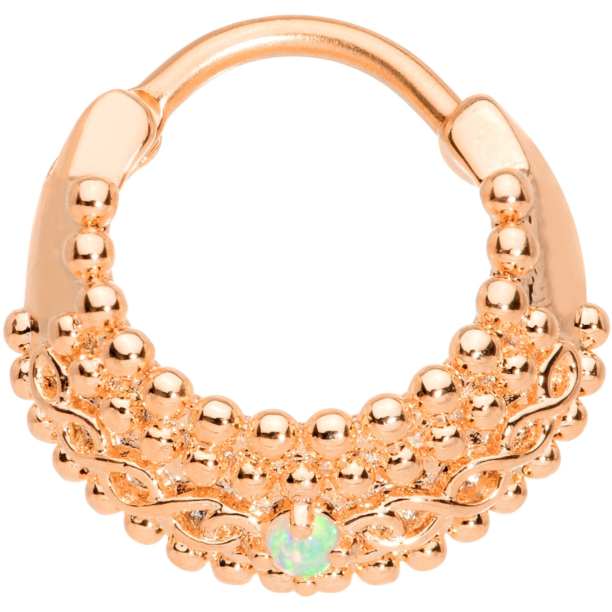 16G 3/8 Green Synthetic Opal Rose Gold Tone Hinged Septum Ring