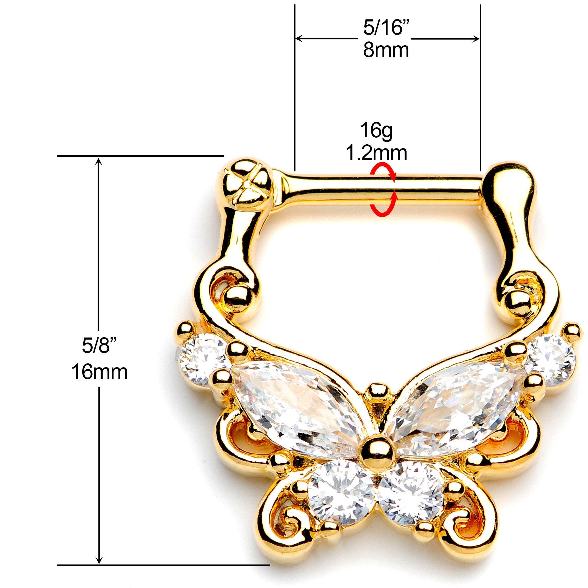 16G 5/16 Clear CZ Gem Gold Tone Butterfly Cartilage Clicker