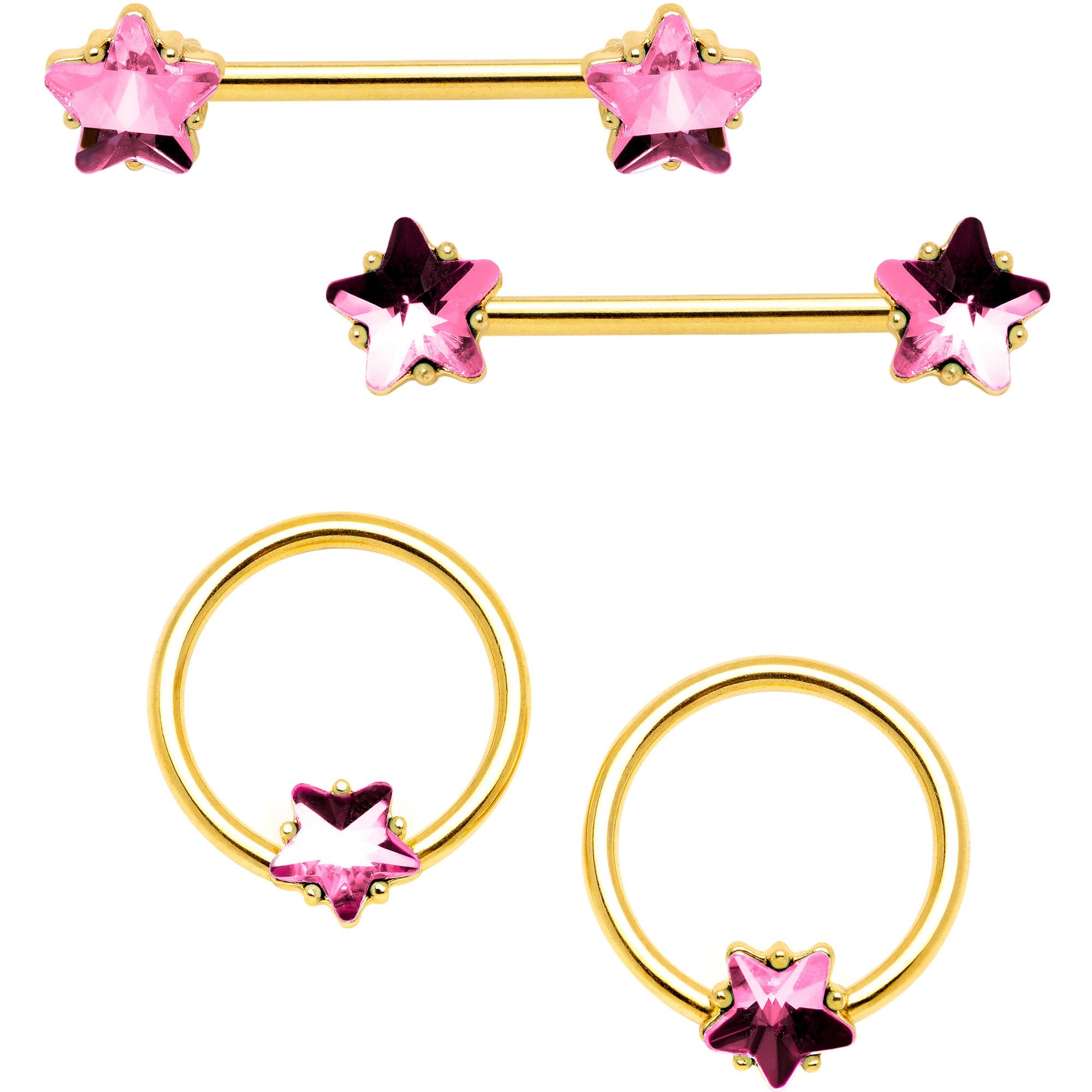 14G Pink Gem Star Gold Tone Captive Barbell Nipple Ring Set