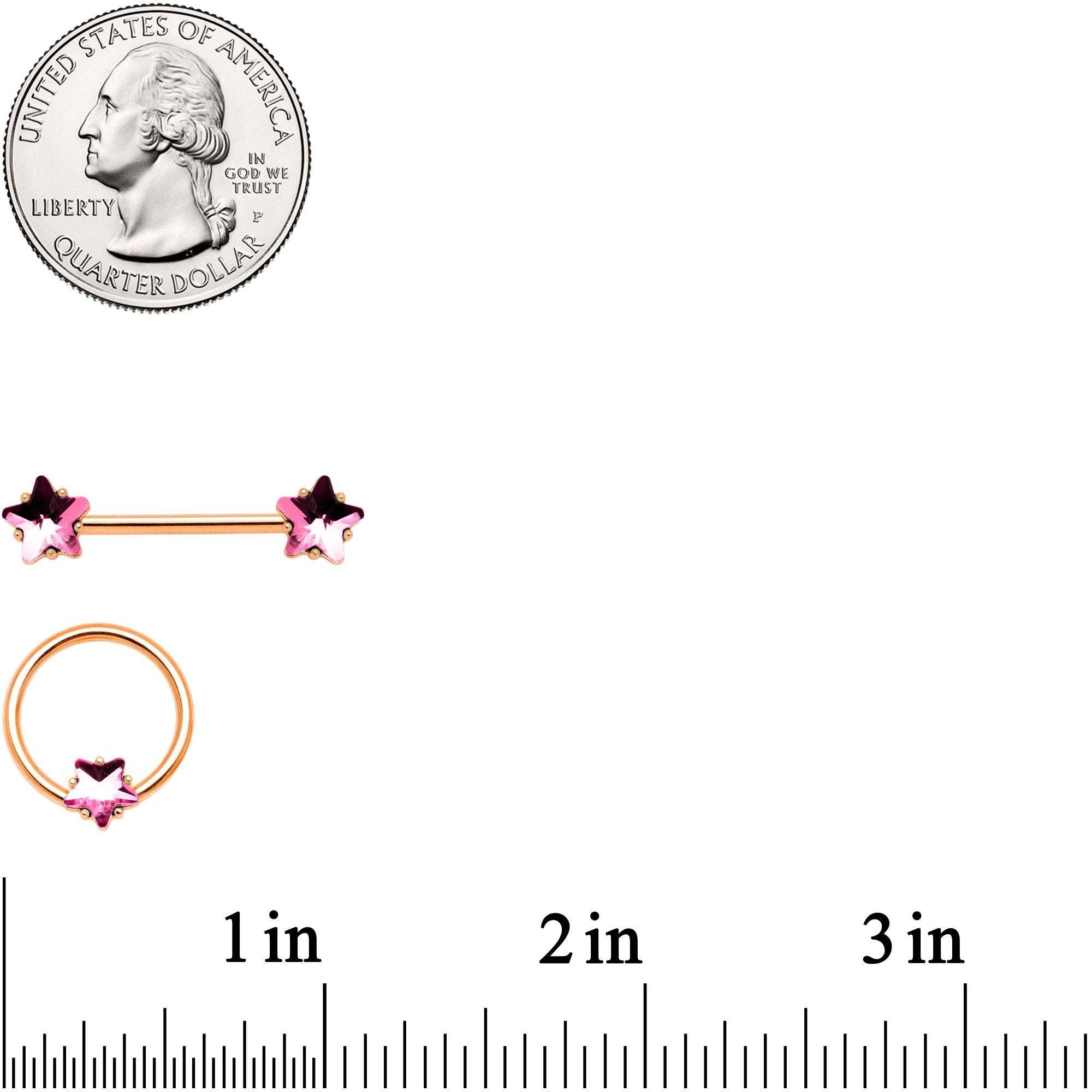 14G Pink Gem Star Rose Gold Tone Captive Barbell Nipple Ring Set