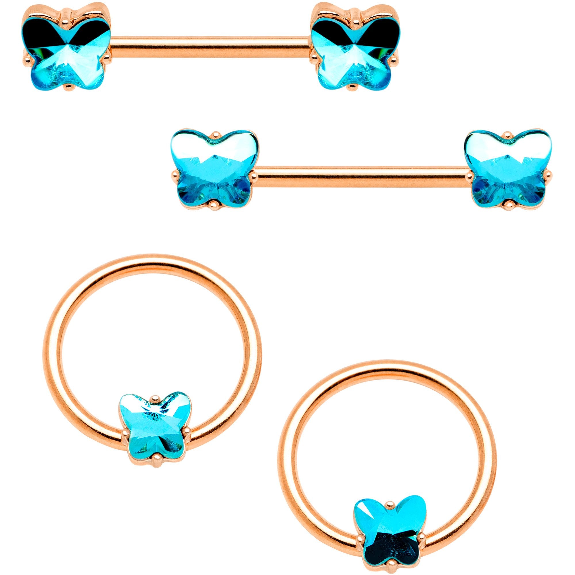 14G Blue Gem Butterfly Rose Gold Hue BCR Barbell Nipple Ring Set