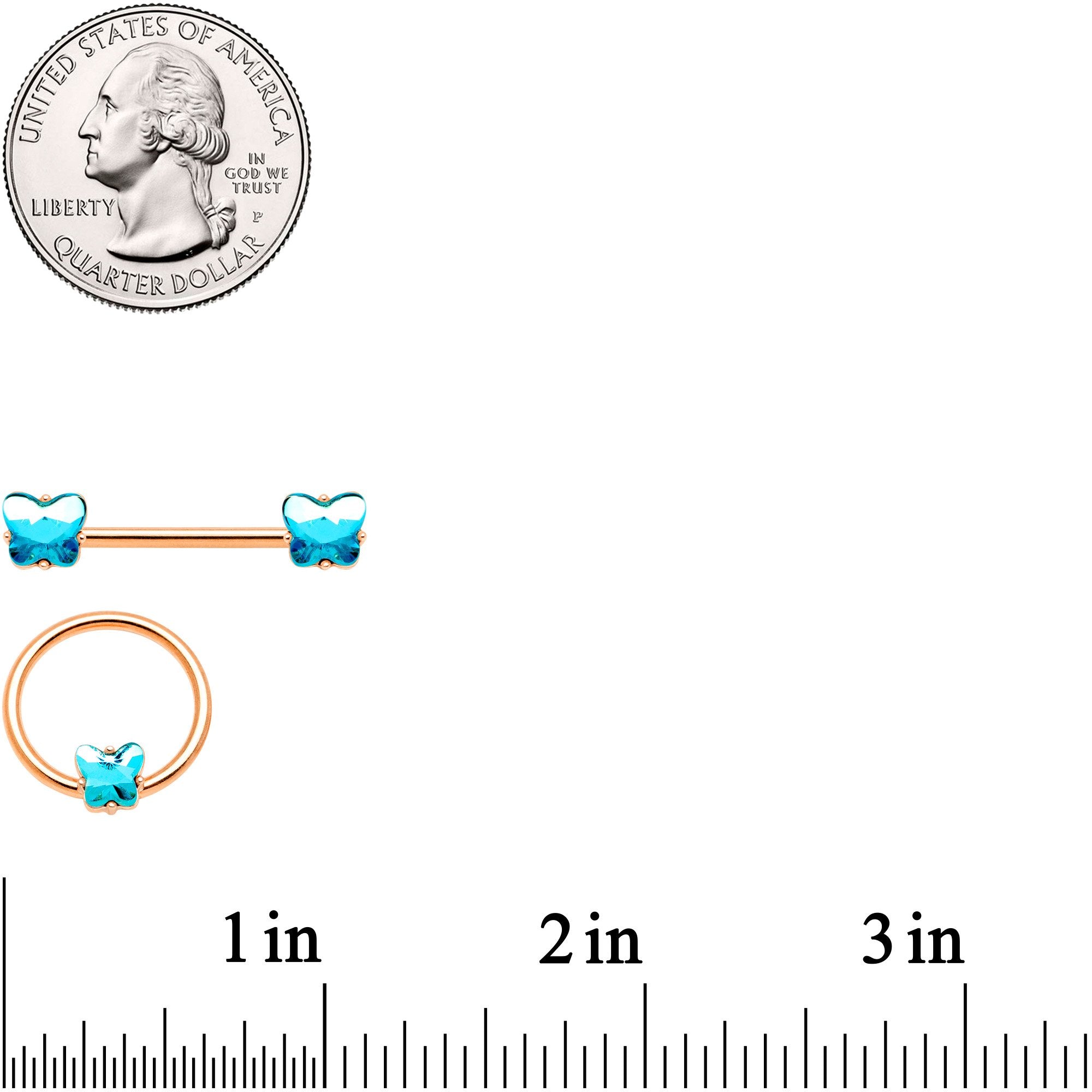 14G Blue Gem Butterfly Rose Gold Hue BCR Barbell Nipple Ring Set