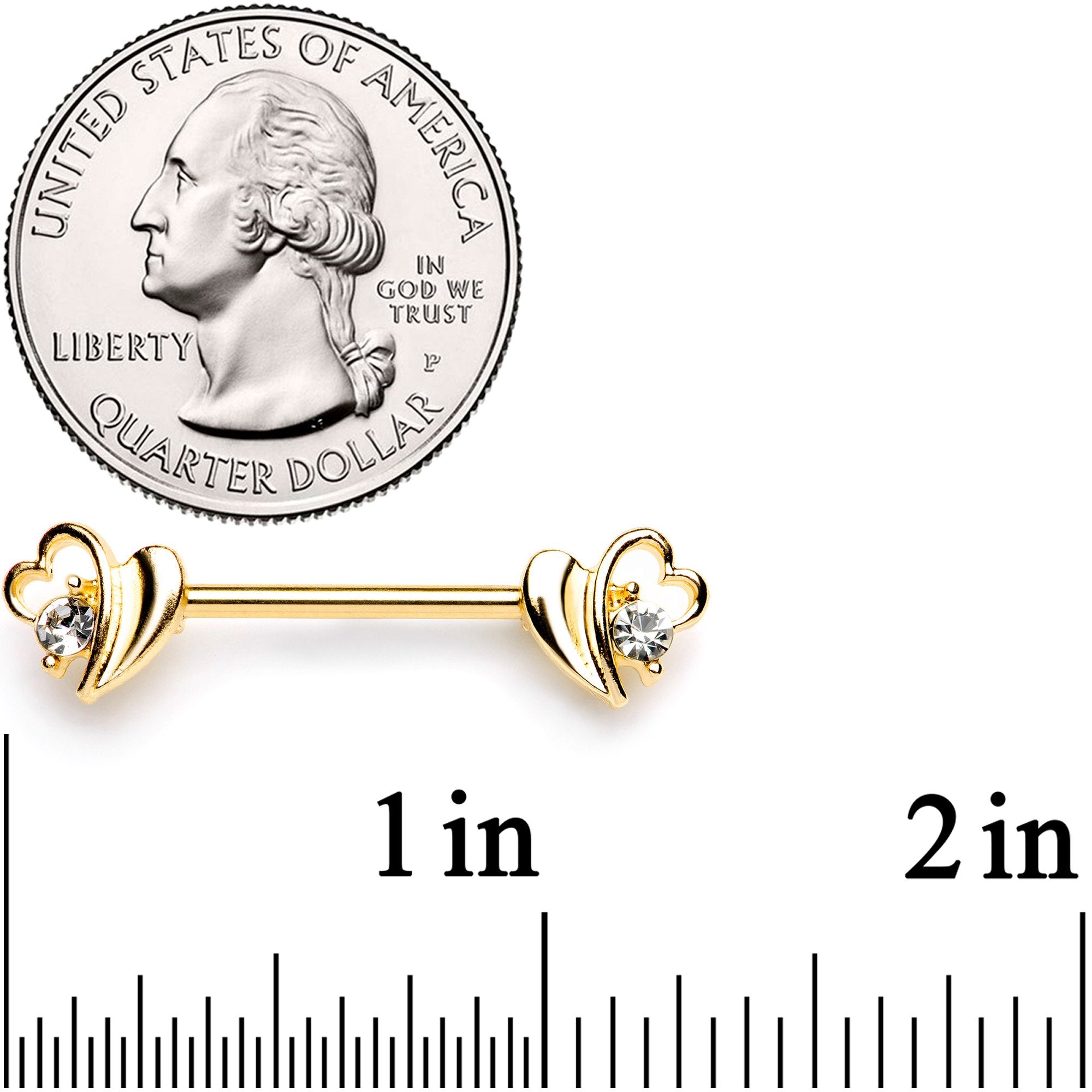 14G 9/16 Clear Gem Gold Tone Love Wave Barbell Nipple Ring Set