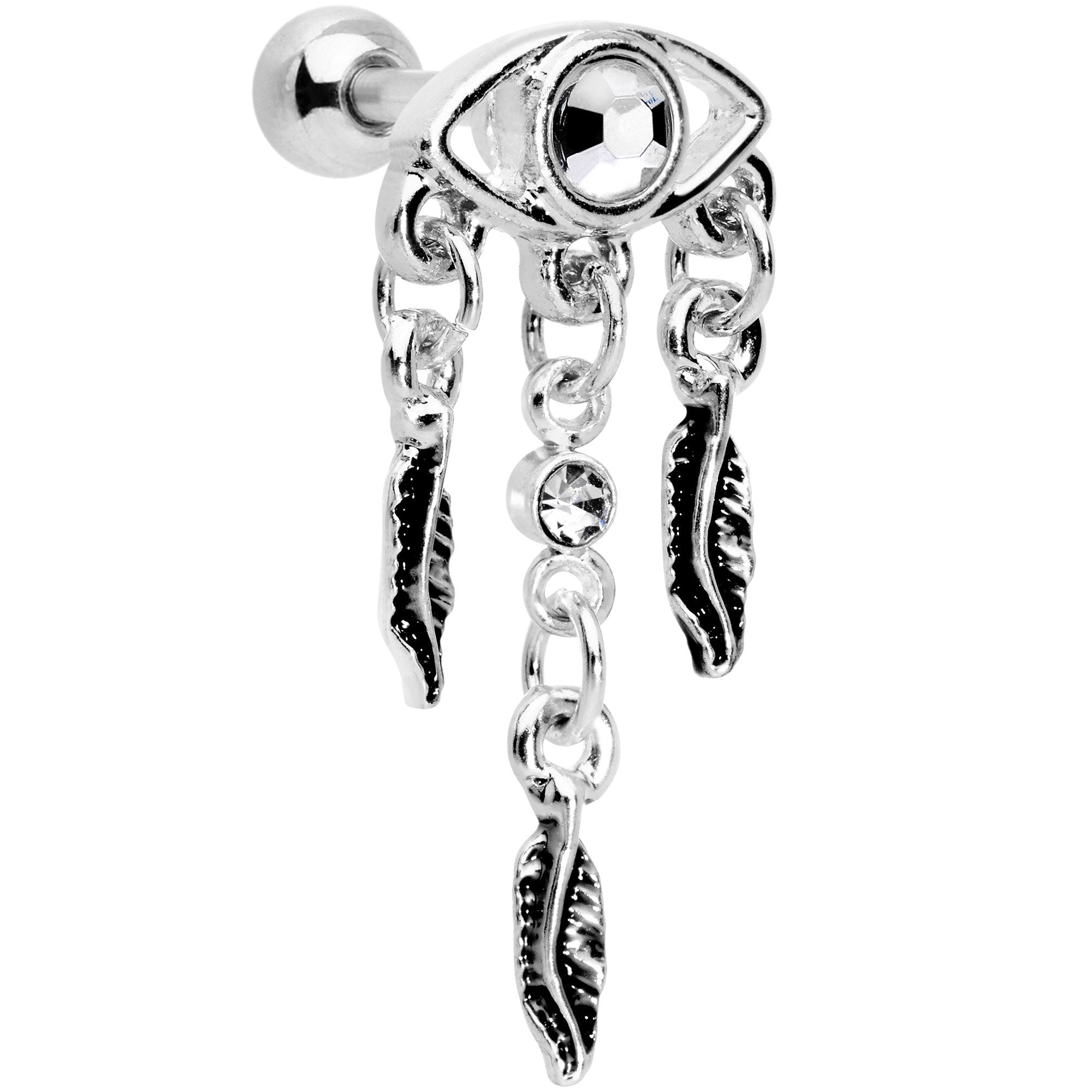 16G 1/4 Clear Gem Eye Feather Dangle Cartilage Tragus Earring
