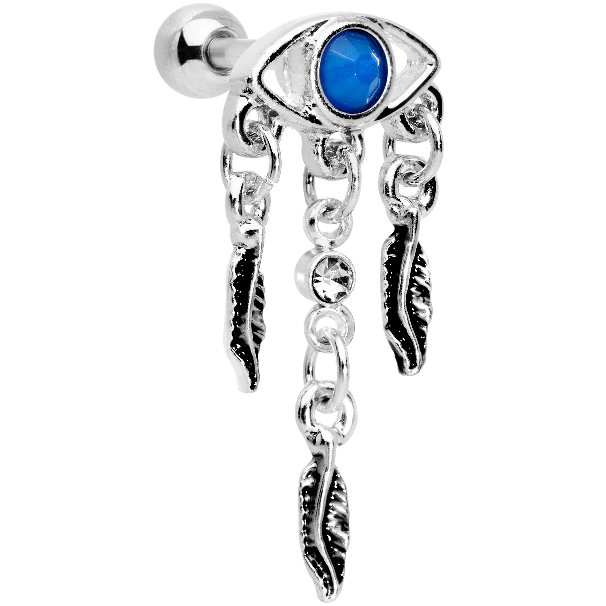 16G 1/4 Blue Gem Eye Feather Dangle Cartilage Tragus Earring