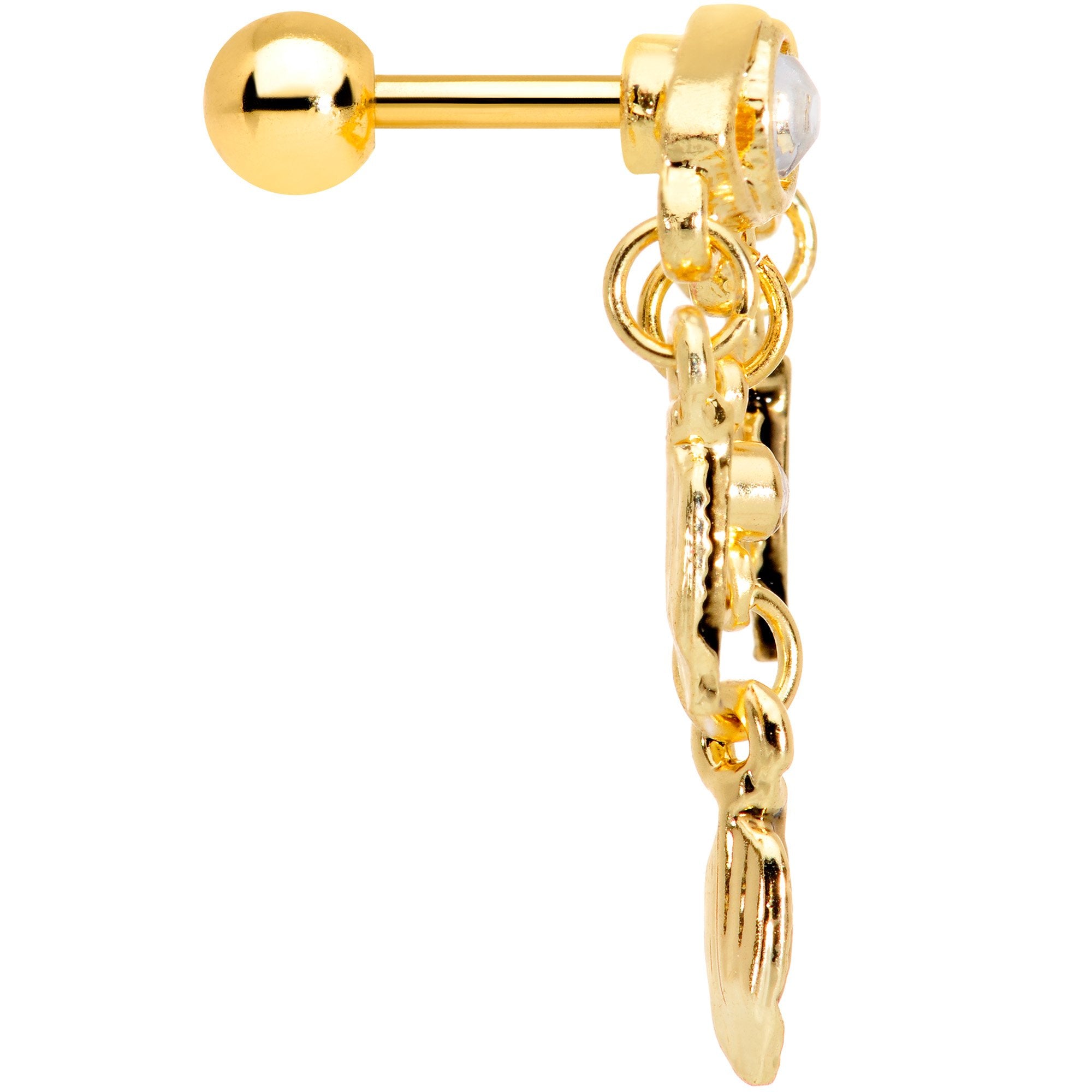 16G 1/4 Clear Gem Gold Tone Eye Feather Cartilage Tragus Earring