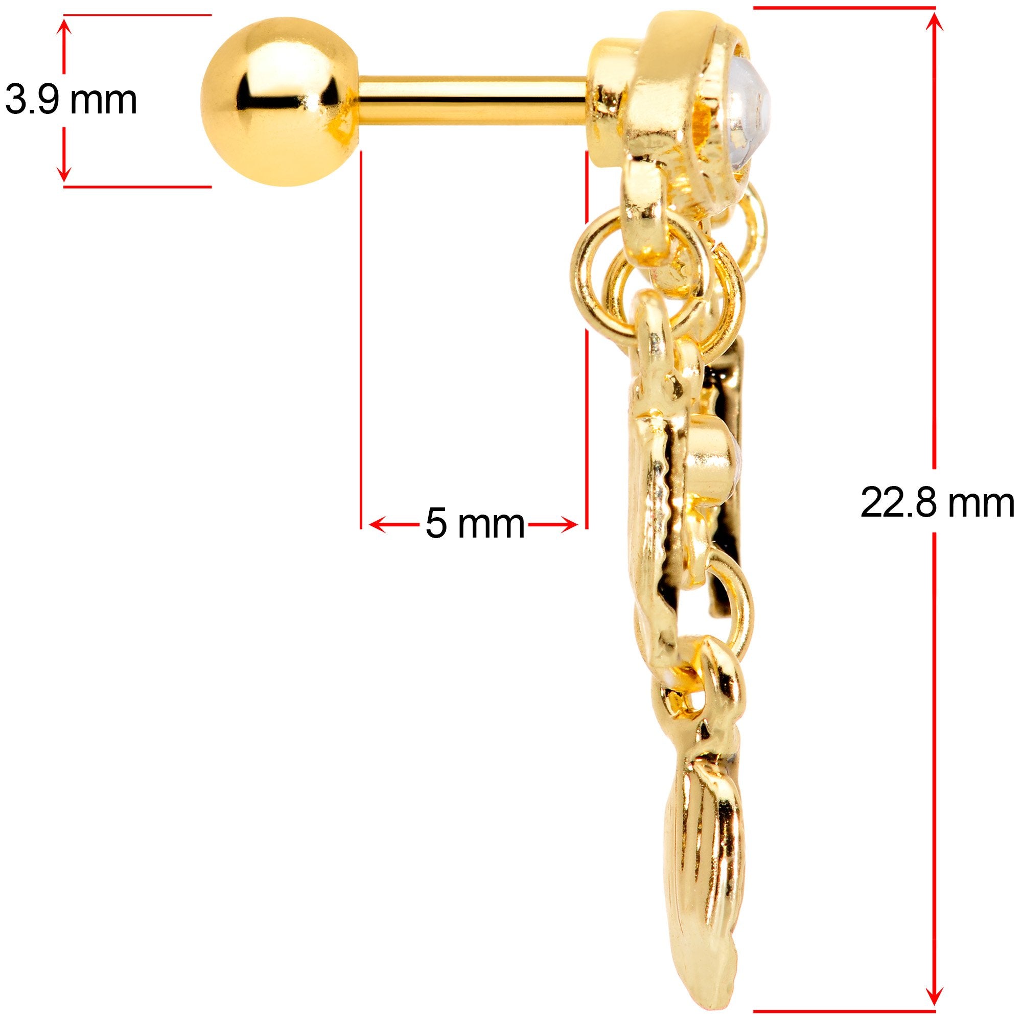 16G 1/4 Clear Gem Gold Tone Eye Feather Cartilage Tragus Earring