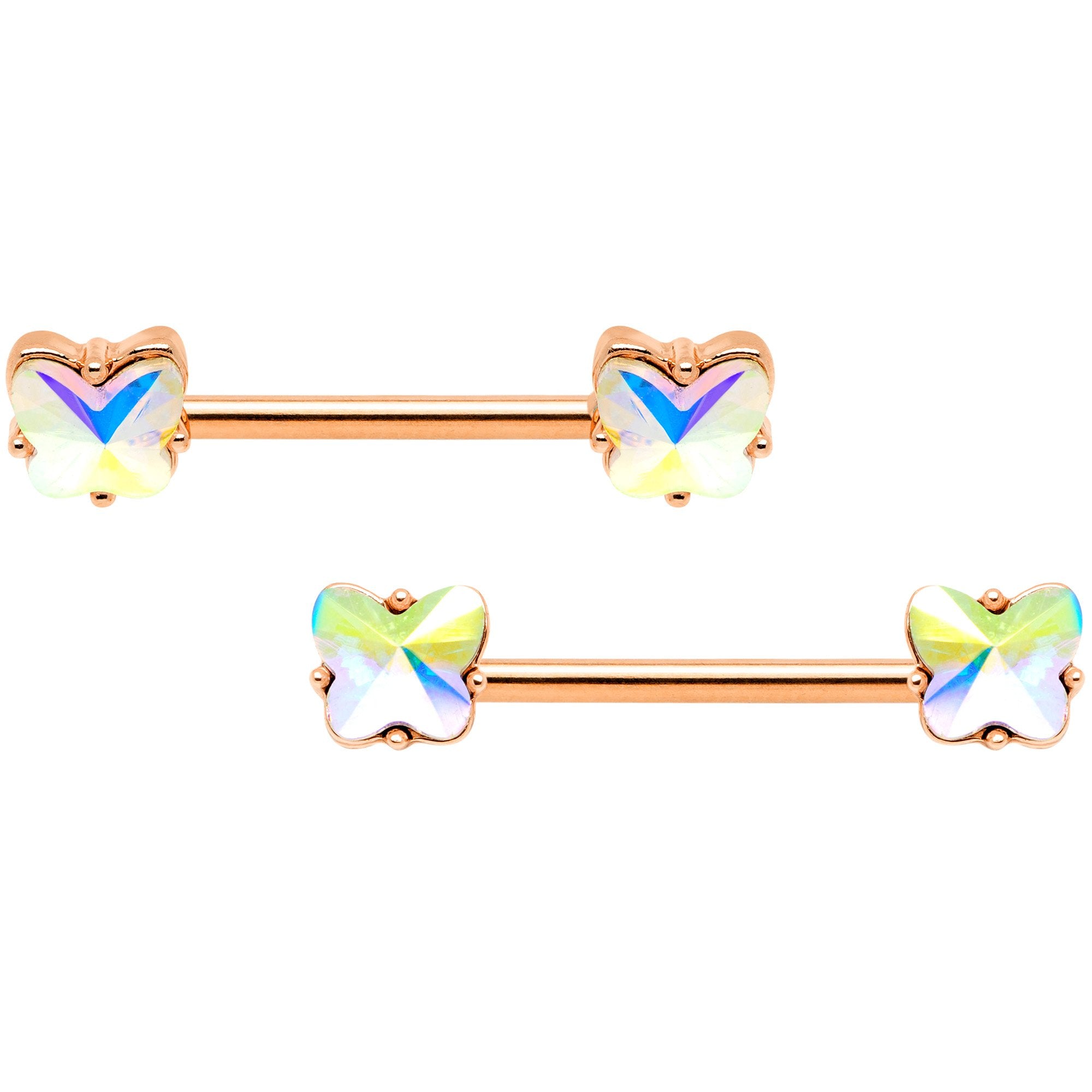 14G Aurora Gem Rose Gold Hue Butterfly BCR Barbell Nipple Rings