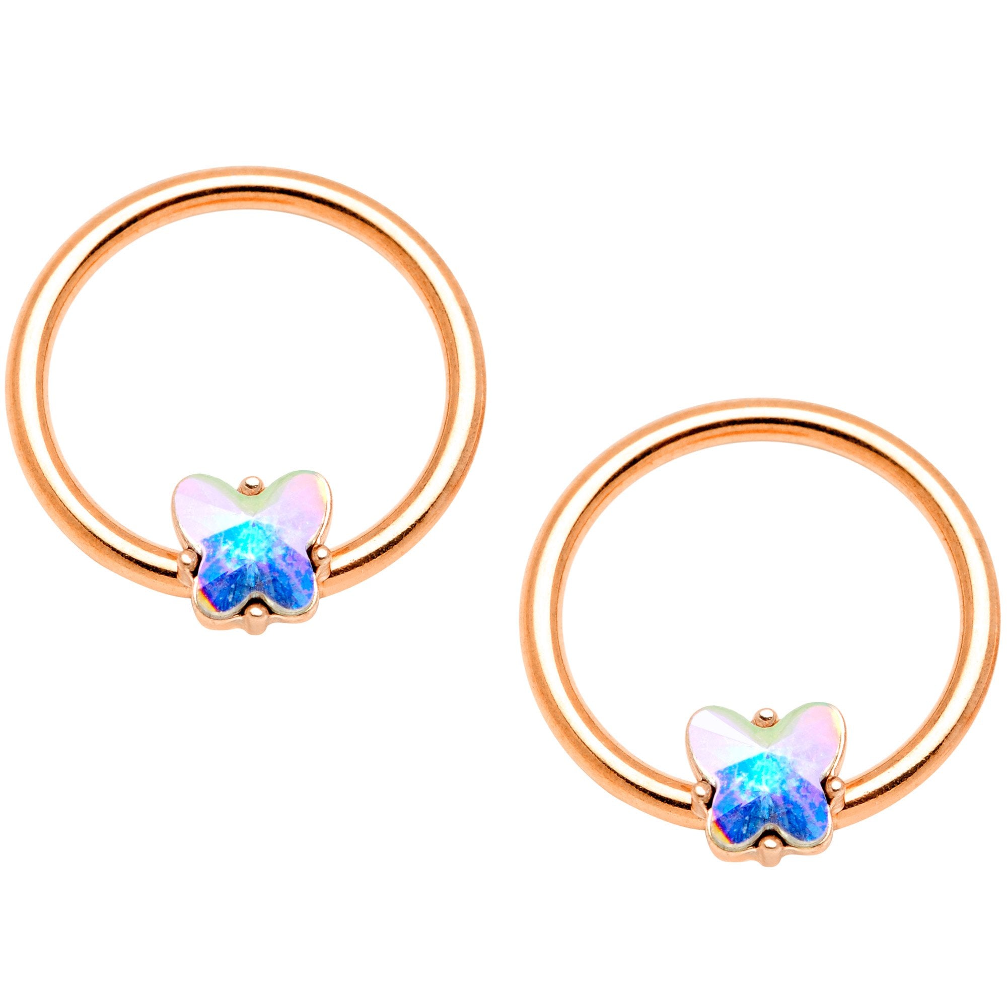 14G Aurora Gem Rose Gold Hue Butterfly BCR Barbell Nipple Rings