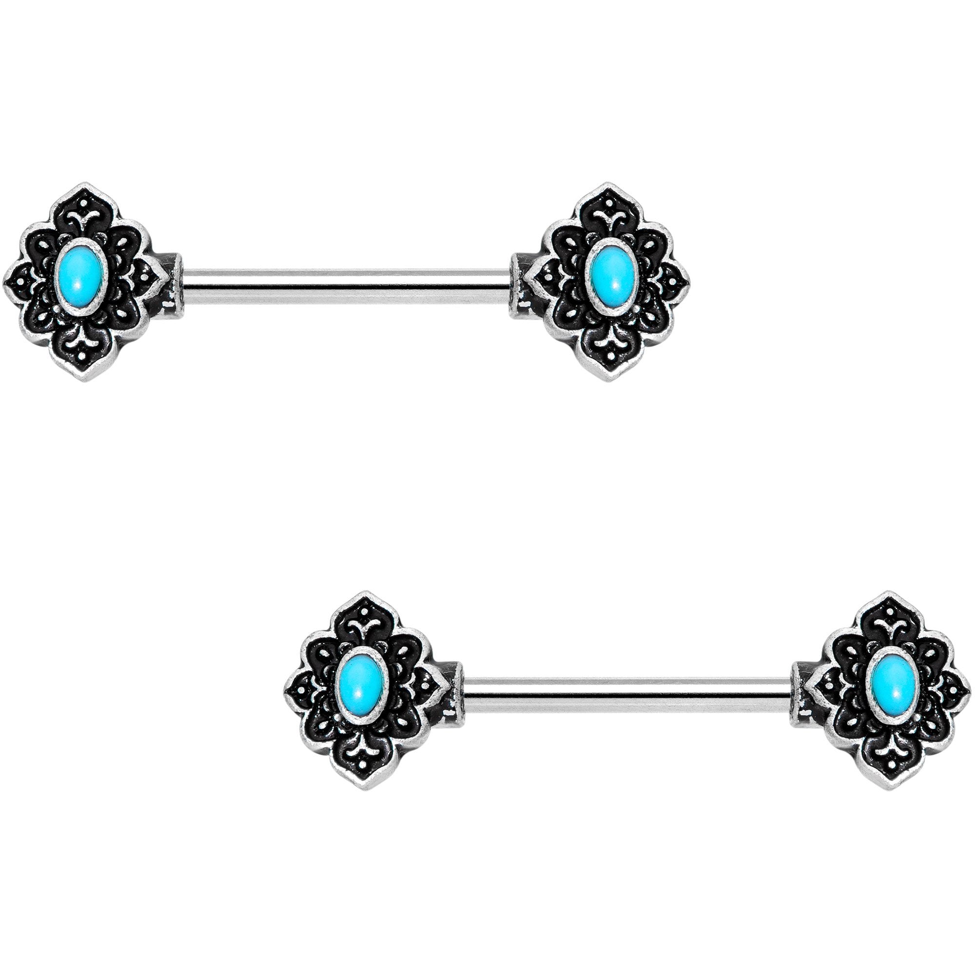 14G 9/16 Faux Turquoise Baroque Oval Barbell Nipple Ring Set