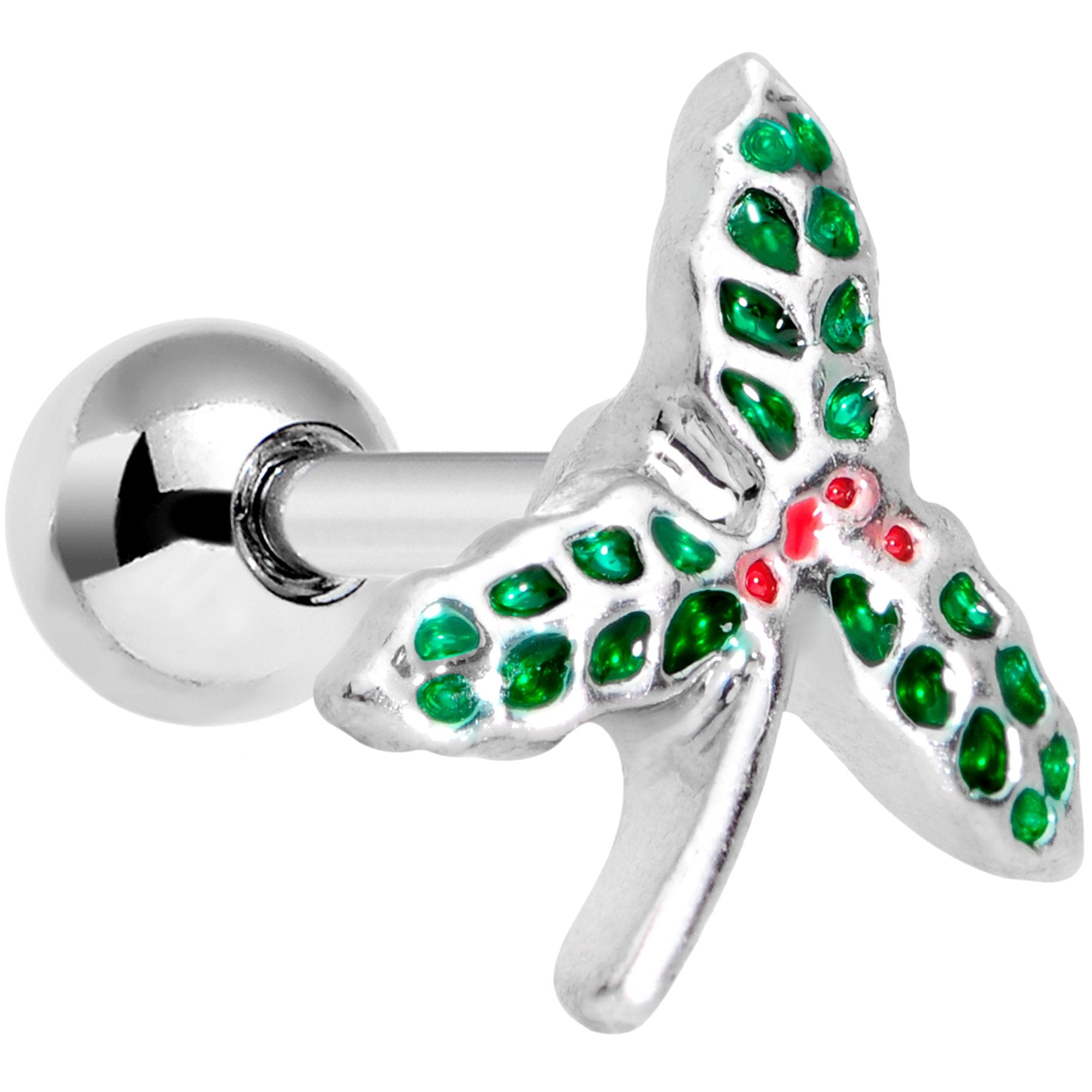 16G 1/4 Red Green Under The Mistletoe Cartilage Tragus Earring