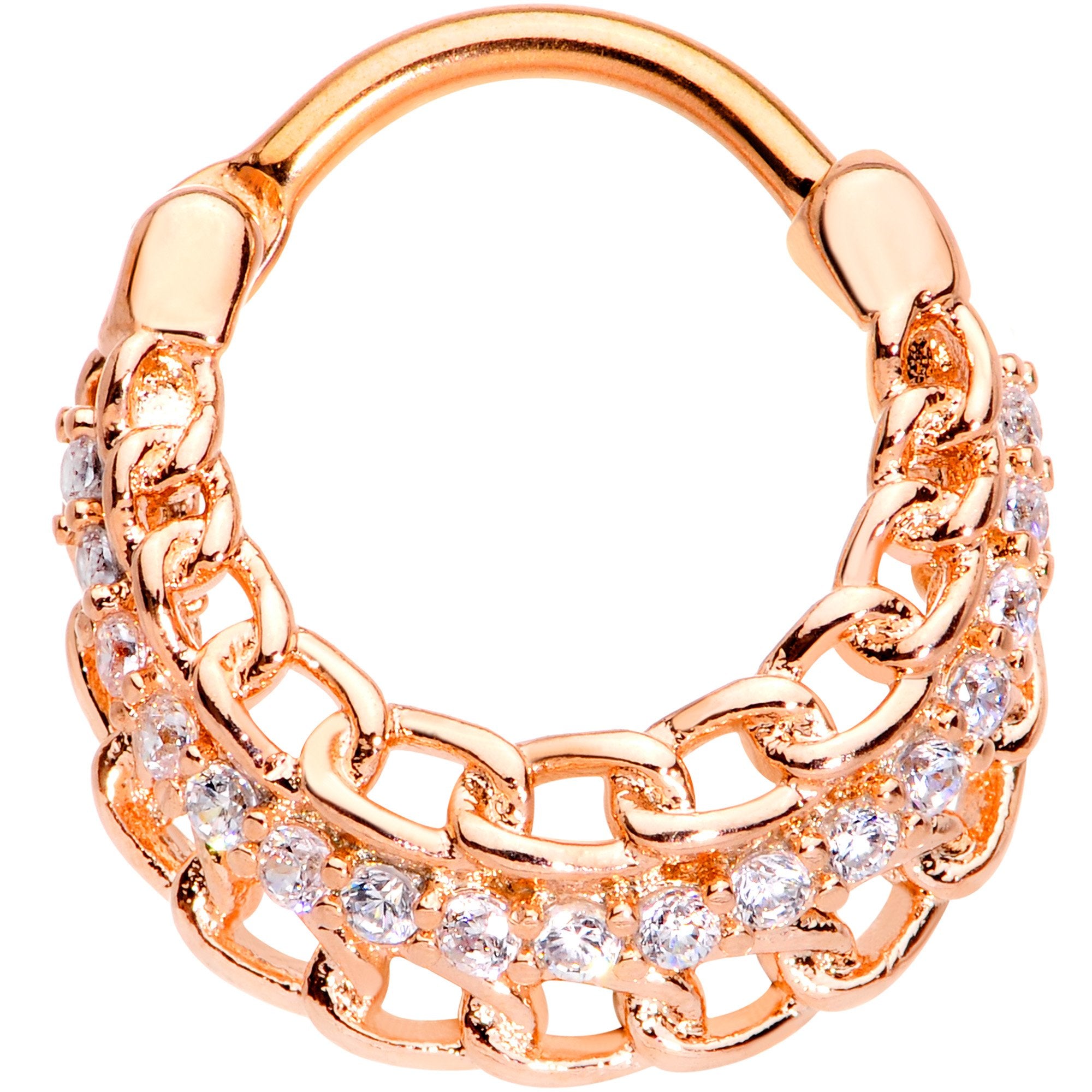 16G 3/8 Clear CZ Gem Rose Gold Tone Chain Hinged Septum Ring