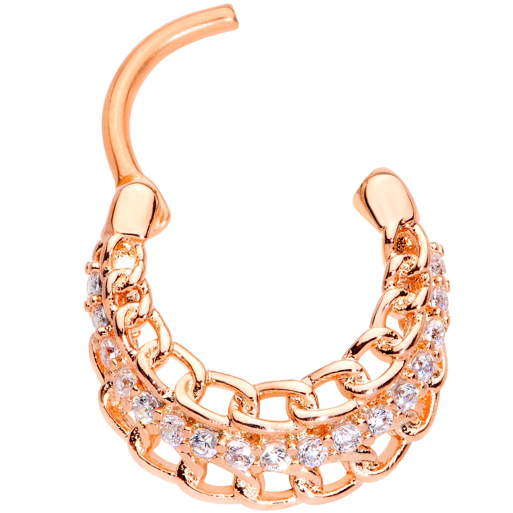 16G 3/8 Clear CZ Gem Rose Gold Tone Chain Hinged Septum Ring