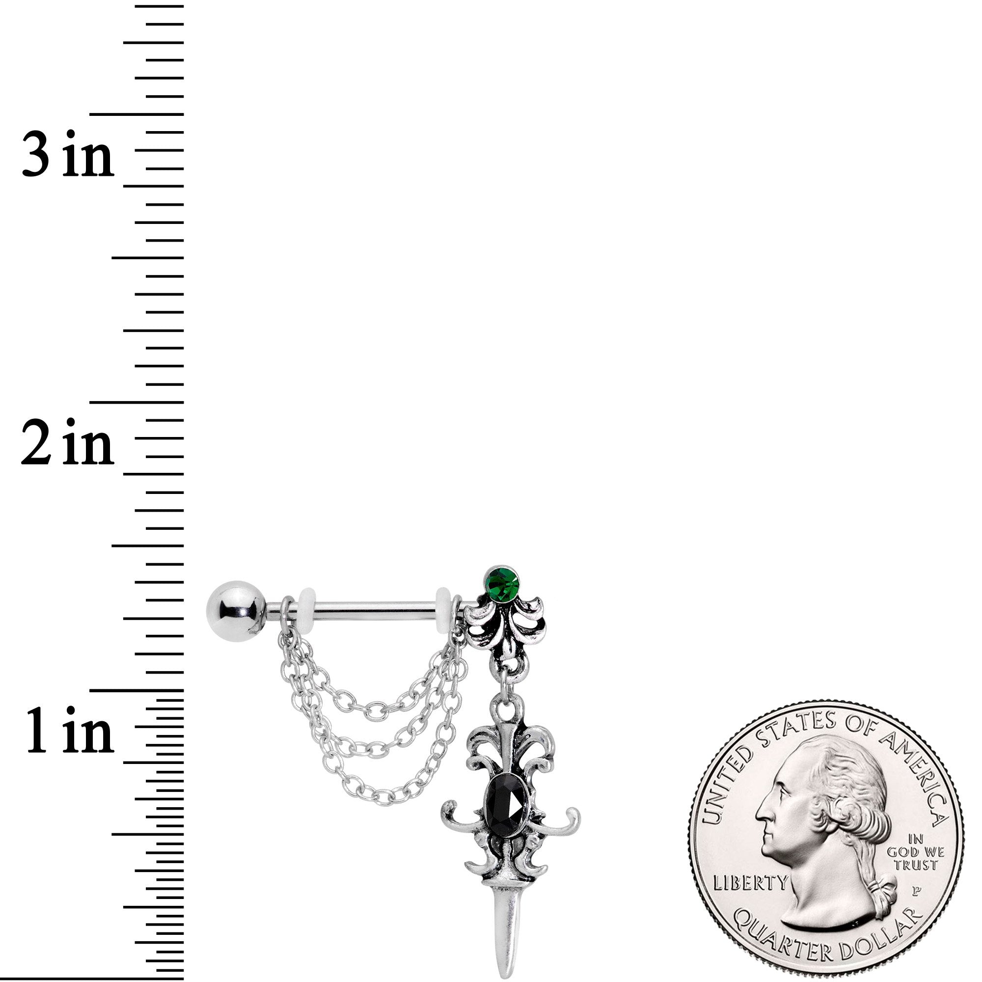 14G 9/16Black Green Gem Chain Sword Barbell Nipple Ring Set