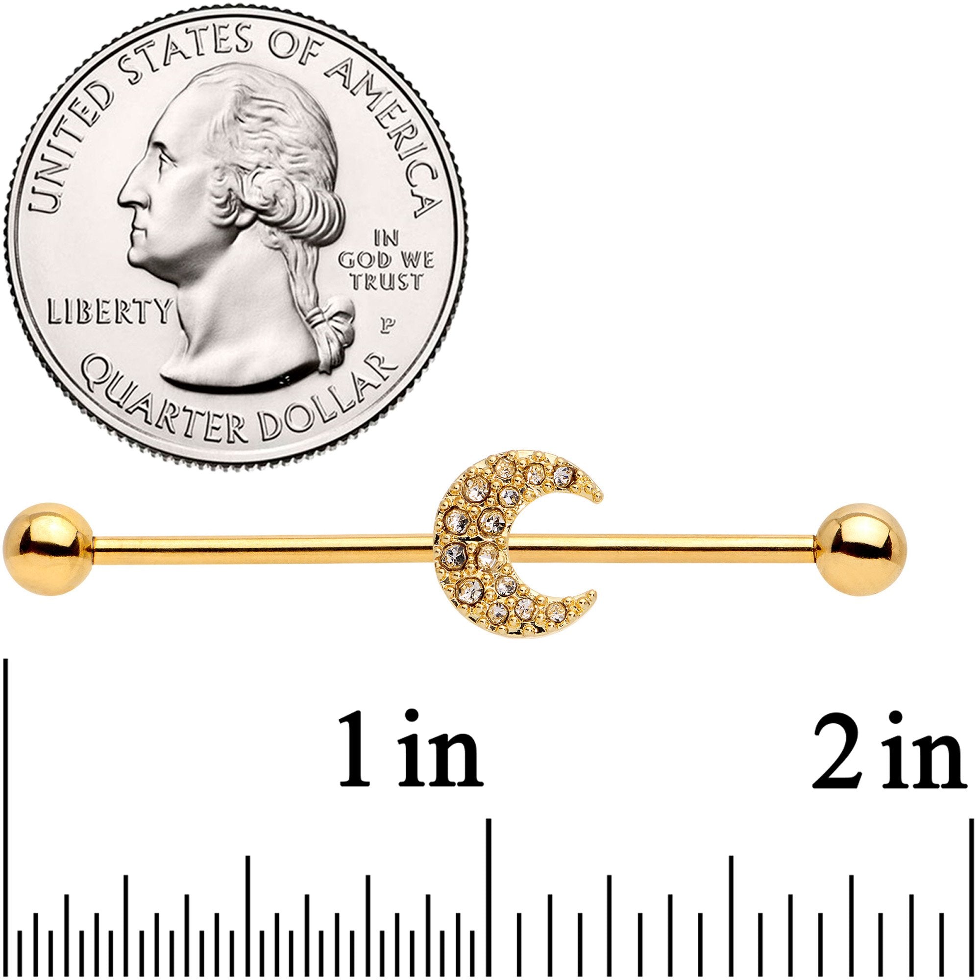 14G Clear Gem Gold Tone Crescent Moon Industrial Barbell 38mm