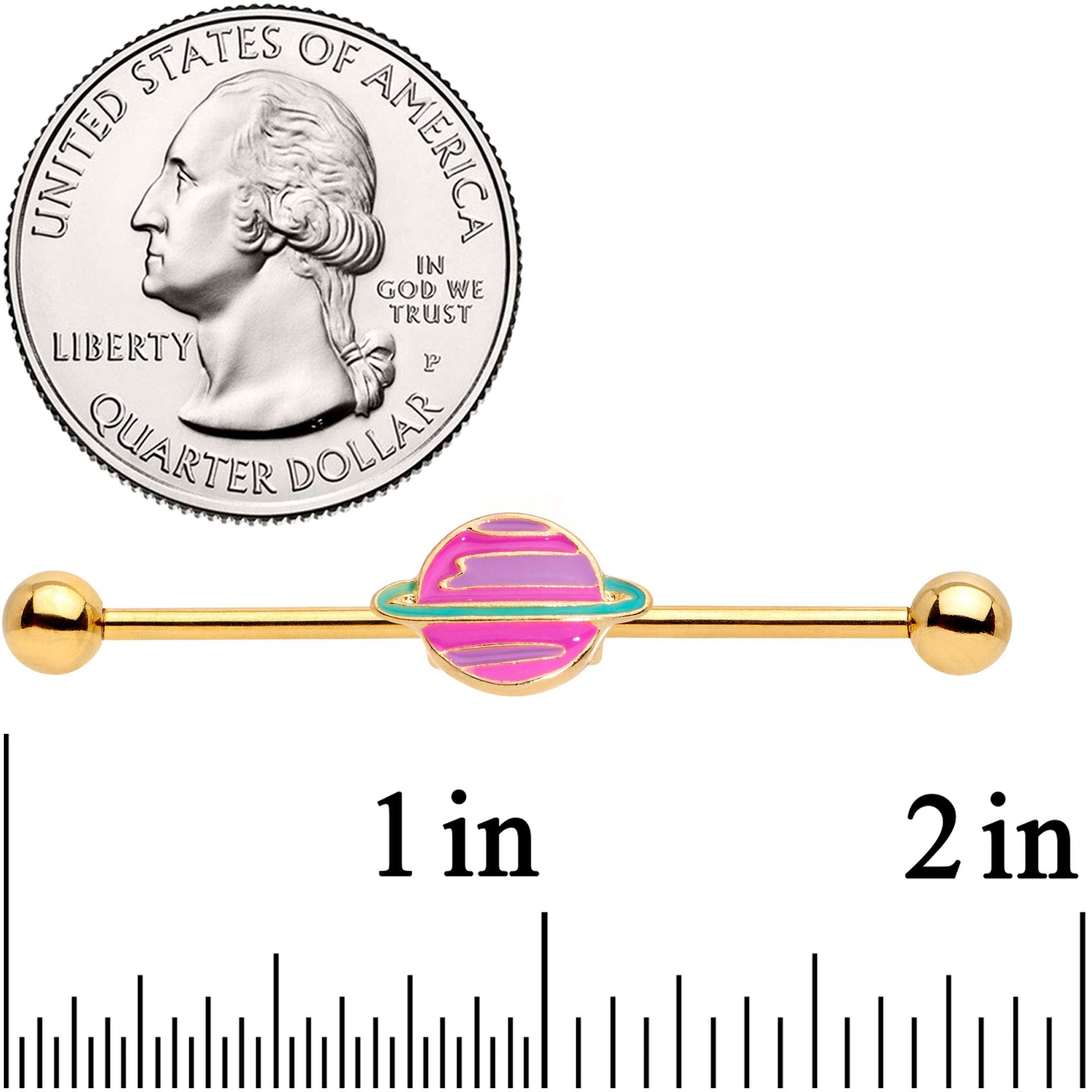 14G Pink Planet Saturn Industrial Barbell 38mm
