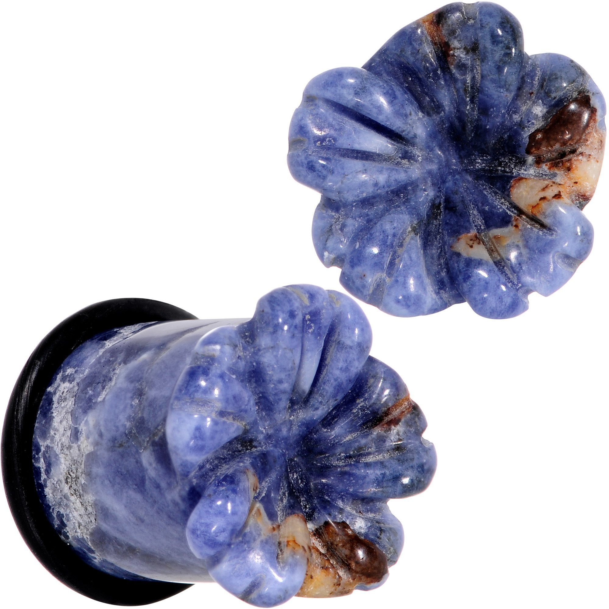 Natural Blue Sodalite Tropical Flower Single Flare Plug Set Sizes 6mm to 25mm