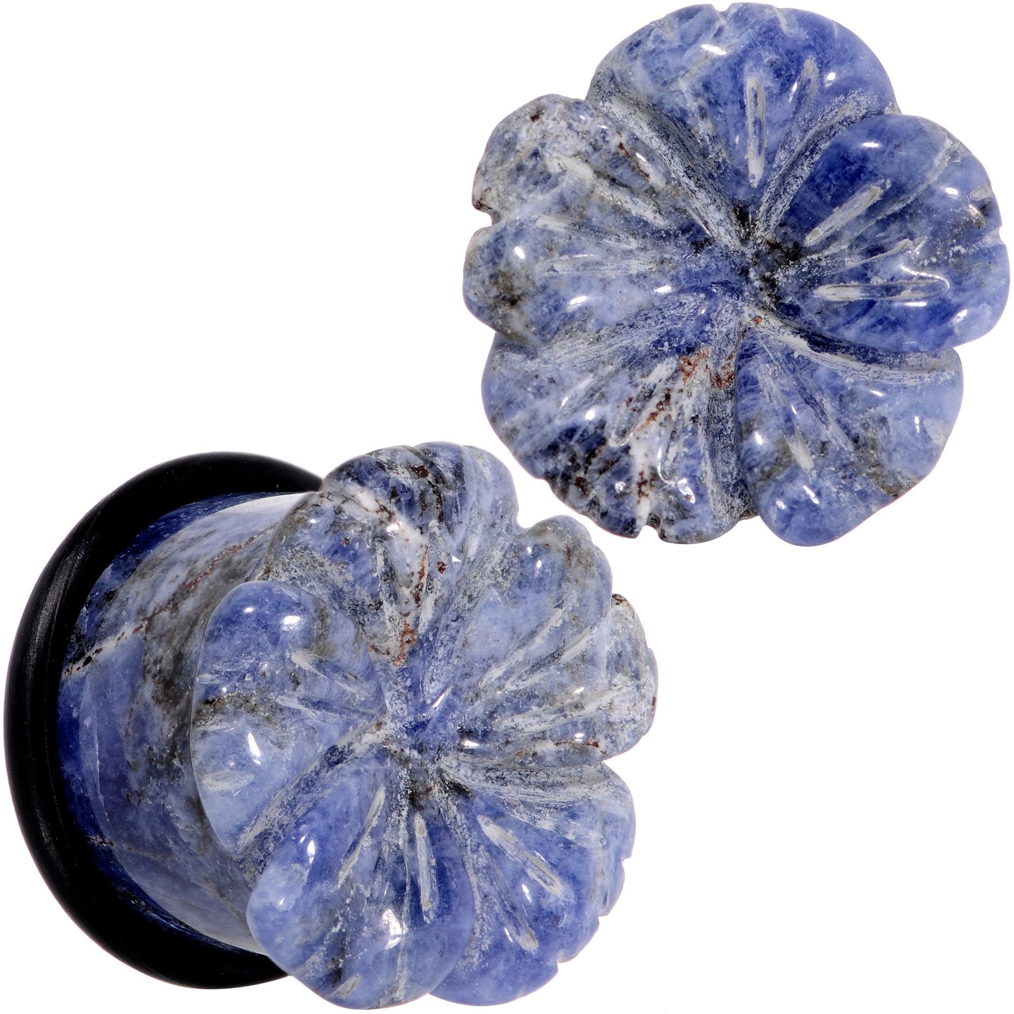 Natural Blue Sodalite Tropical Flower Single Flare Plug Set Sizes 6mm to 25mm