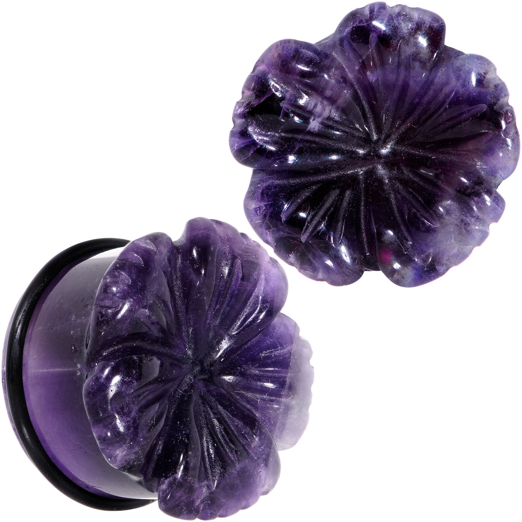 Purple Amethyst Stone Tropical Flower Single Flare Plug Set 6mm to 25mm